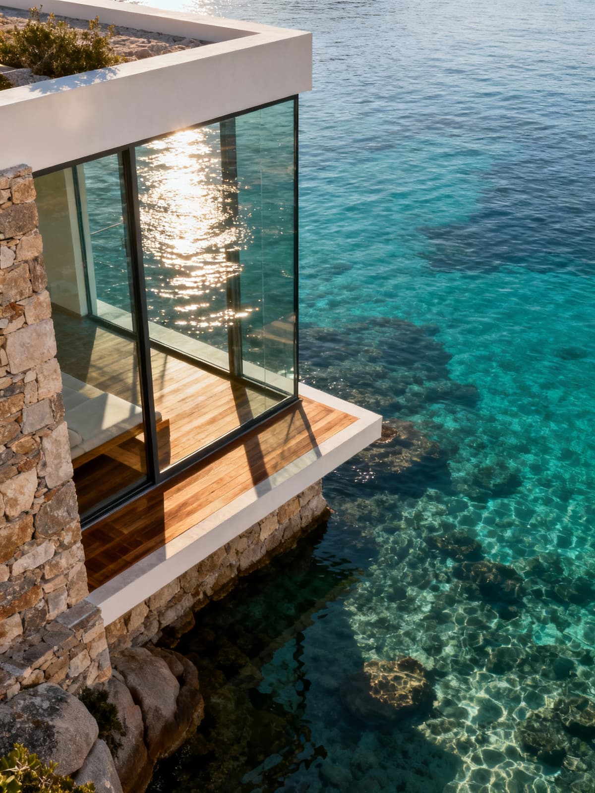 Villa esclusiva sulla Costa Smeralda, vista sul mare cristallino, eleganti dettagli in vetro e legno naturale, luce del mattino.