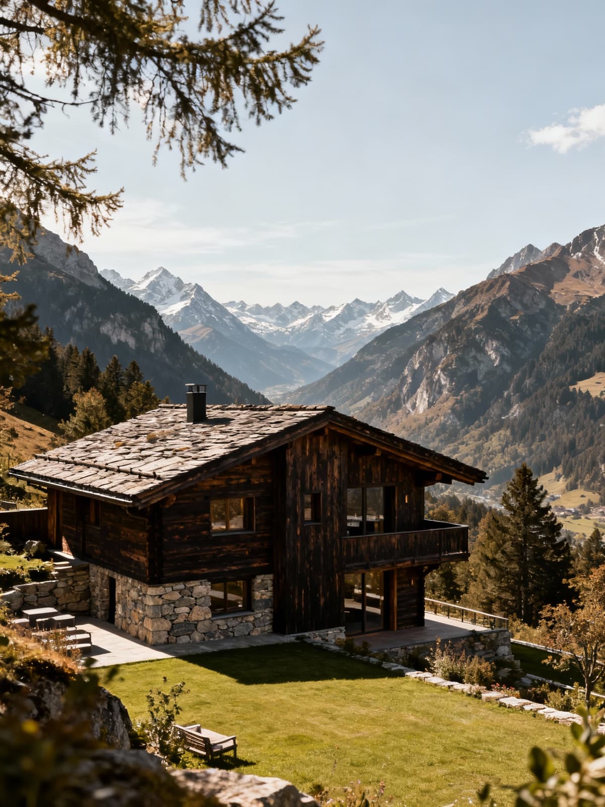 Luxurious chalet nestled among majestic alpine peaks, showcasing breathtaking mountain views and natural serenity.