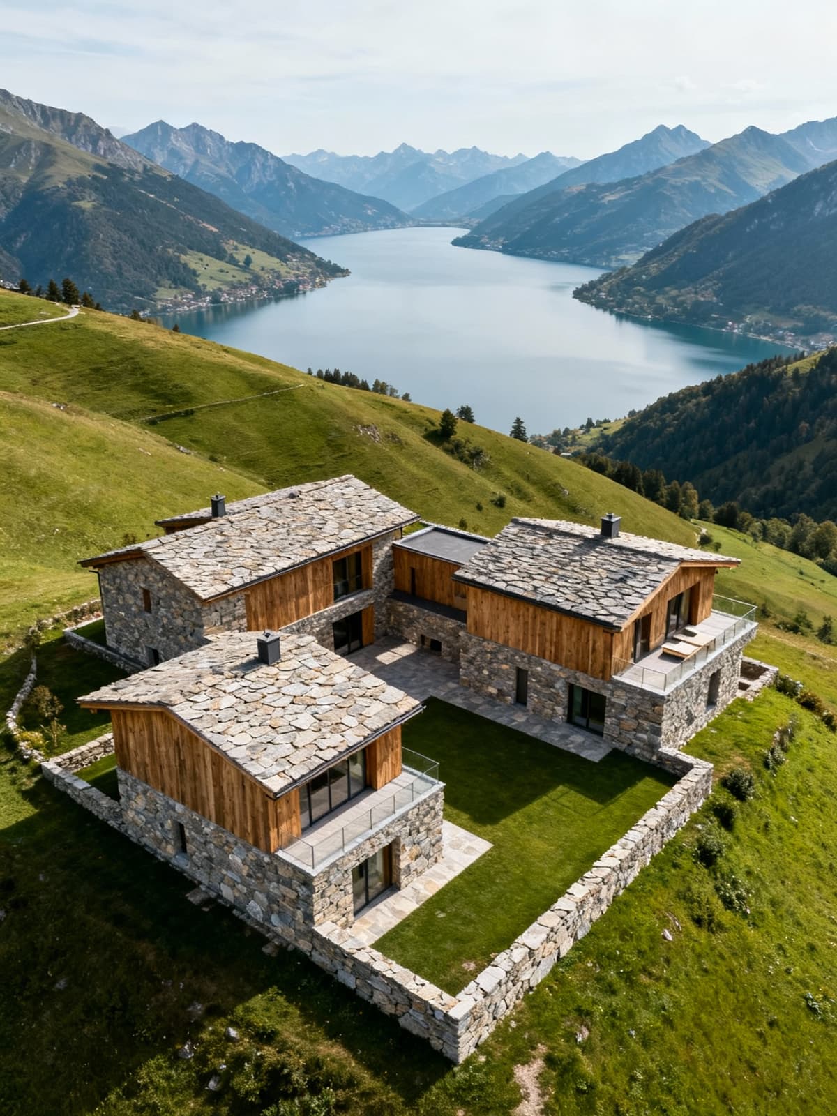 Exclusive residences overlooking alpine lakes and lush hills, featuring natural stone and wood materials in a serene landscape.
