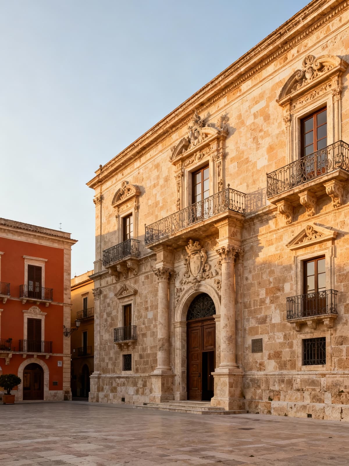Palazzi storici e residenze nobiliari in Basilicata, con facciate in pietra e dettagli architettonici in un'atmosfera elegante.