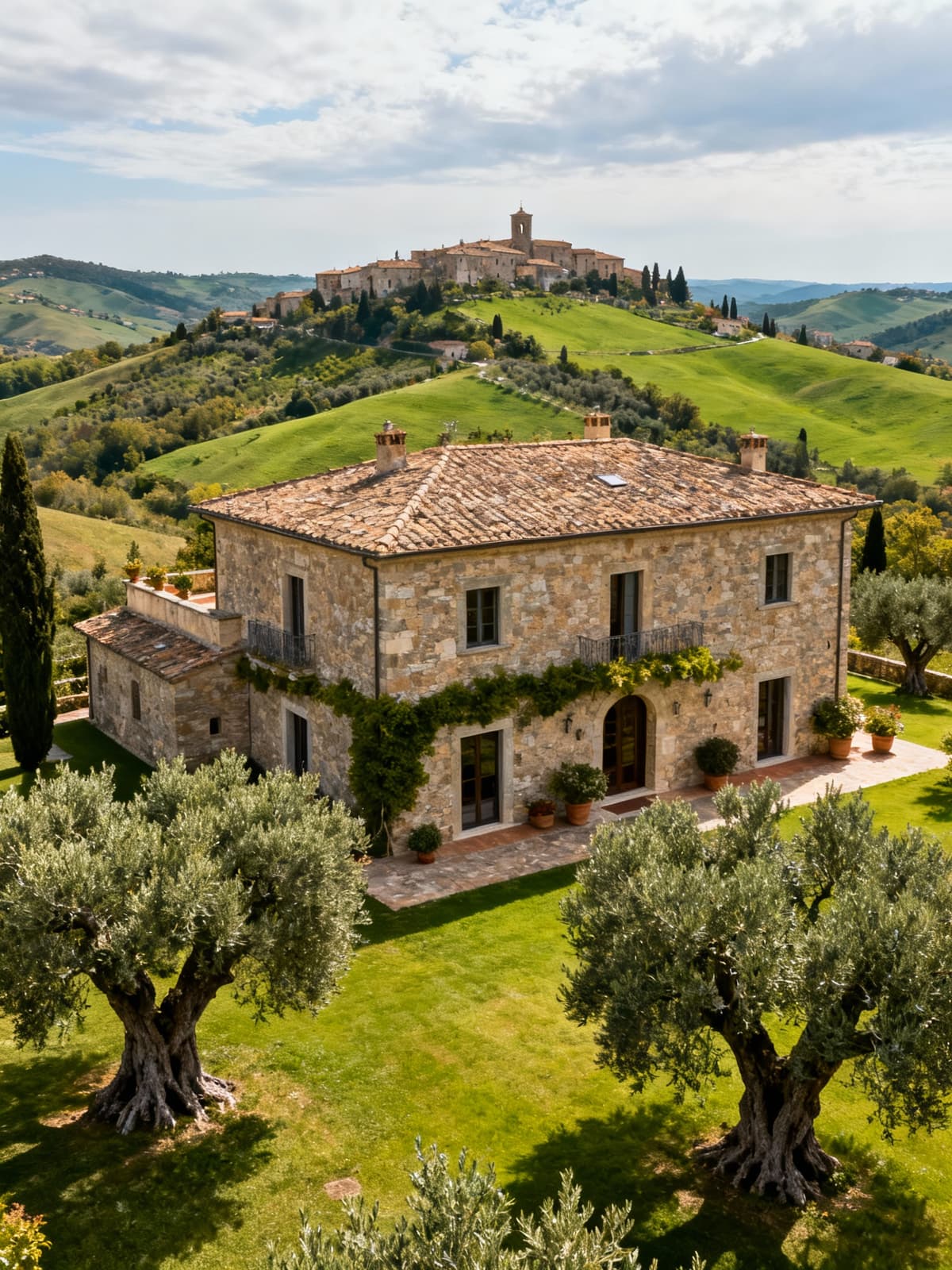 Villa di lusso in pietra nel Lazio, circondata da ulivi secolari e colline verdi, cattura un'atmosfera storica e serena.
