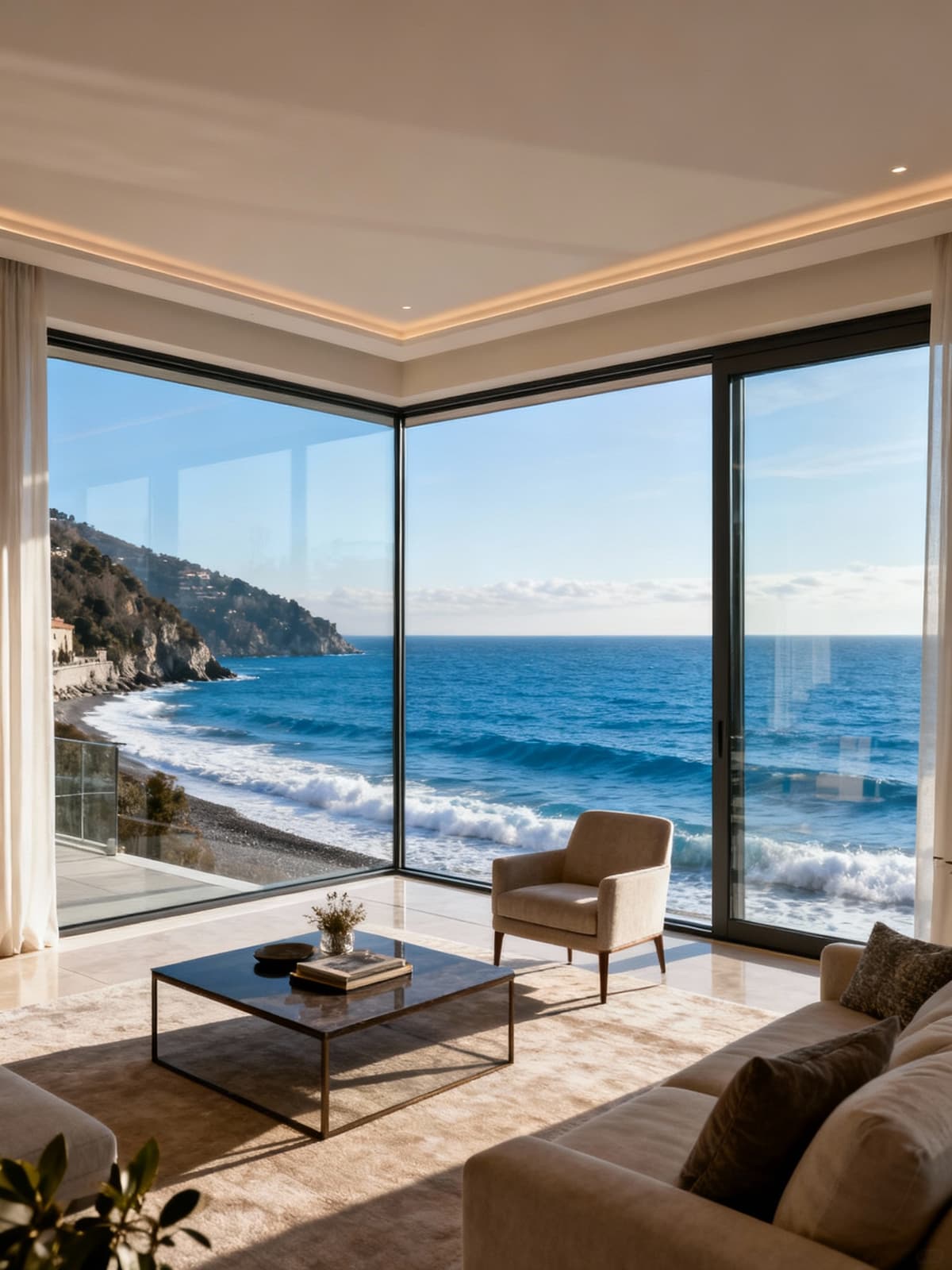 Appartamenti esclusivi sulla Riviera Ligure con ampie vetrate, immersi nella luce invernale e affacciati sul mare blu.