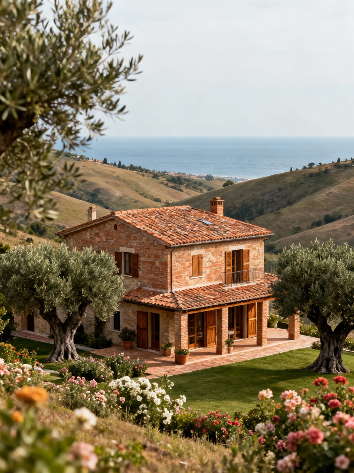 Prestigious villa nestled between the Marche hills and Adriatic Sea, showcasing rustic charm with terracotta and wood details.
