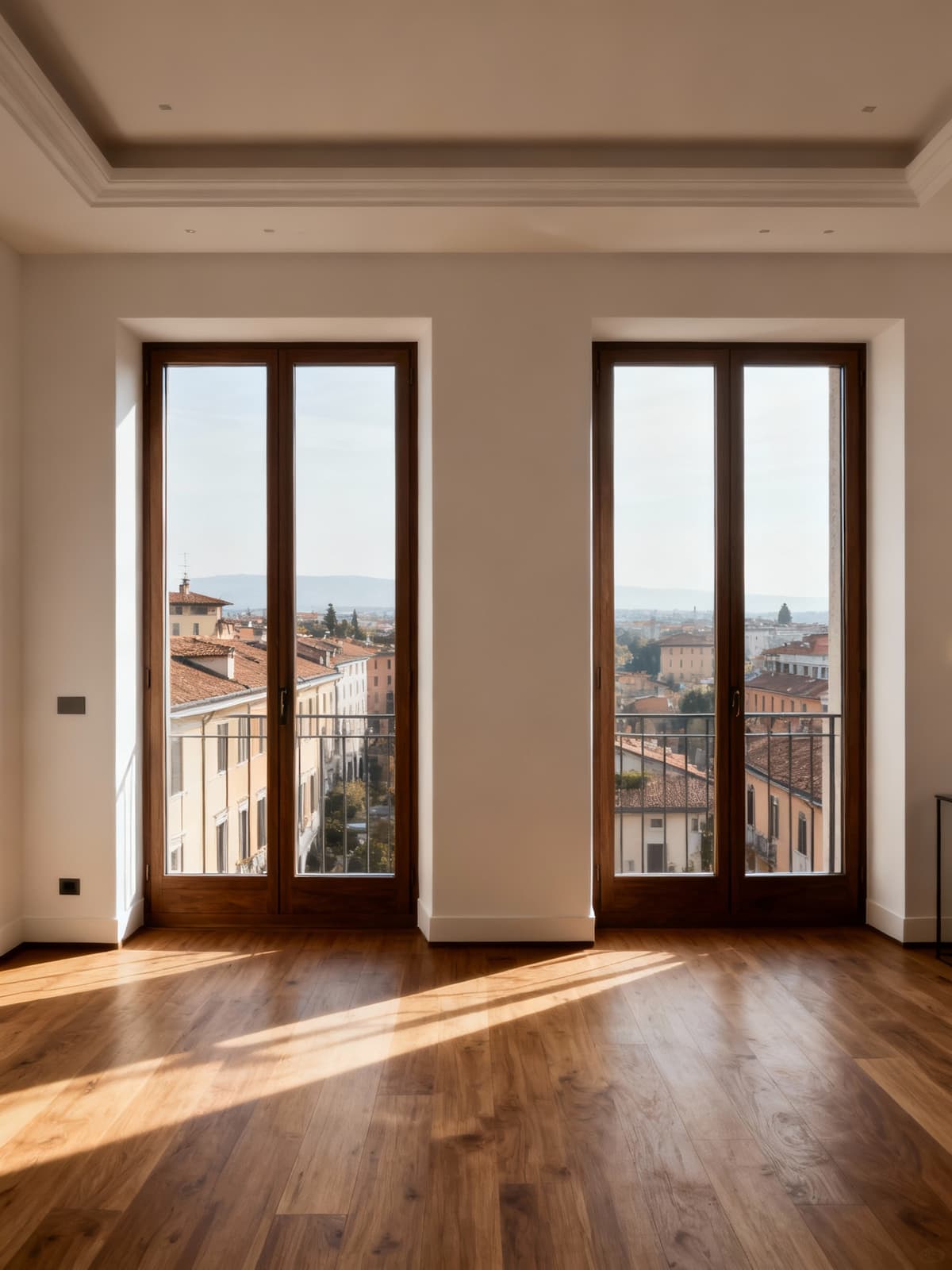 Luxury apartment in vibrant Lombardy with contemporary design, large windows, and warm ambiance featuring natural wood floors.