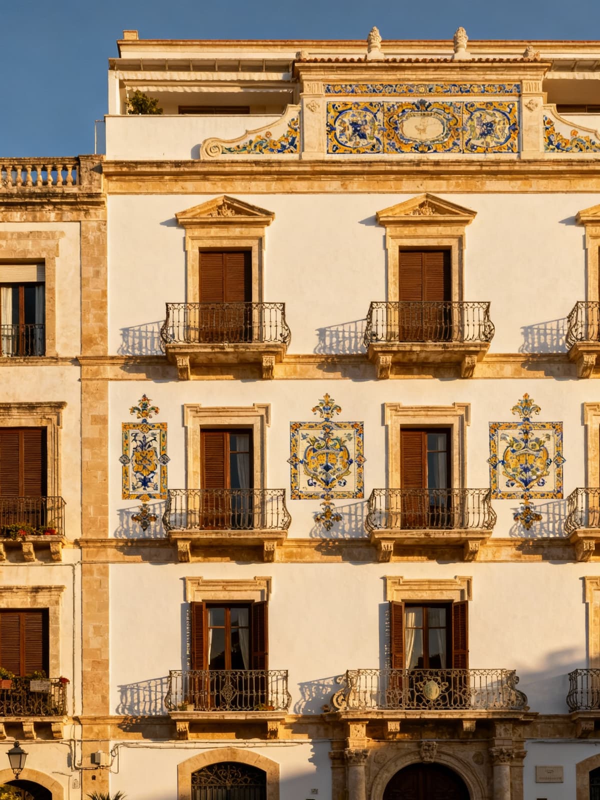Exclusive apartments in Sicily, featuring elegant architecture, warm morning light, and colorful ceramic details.