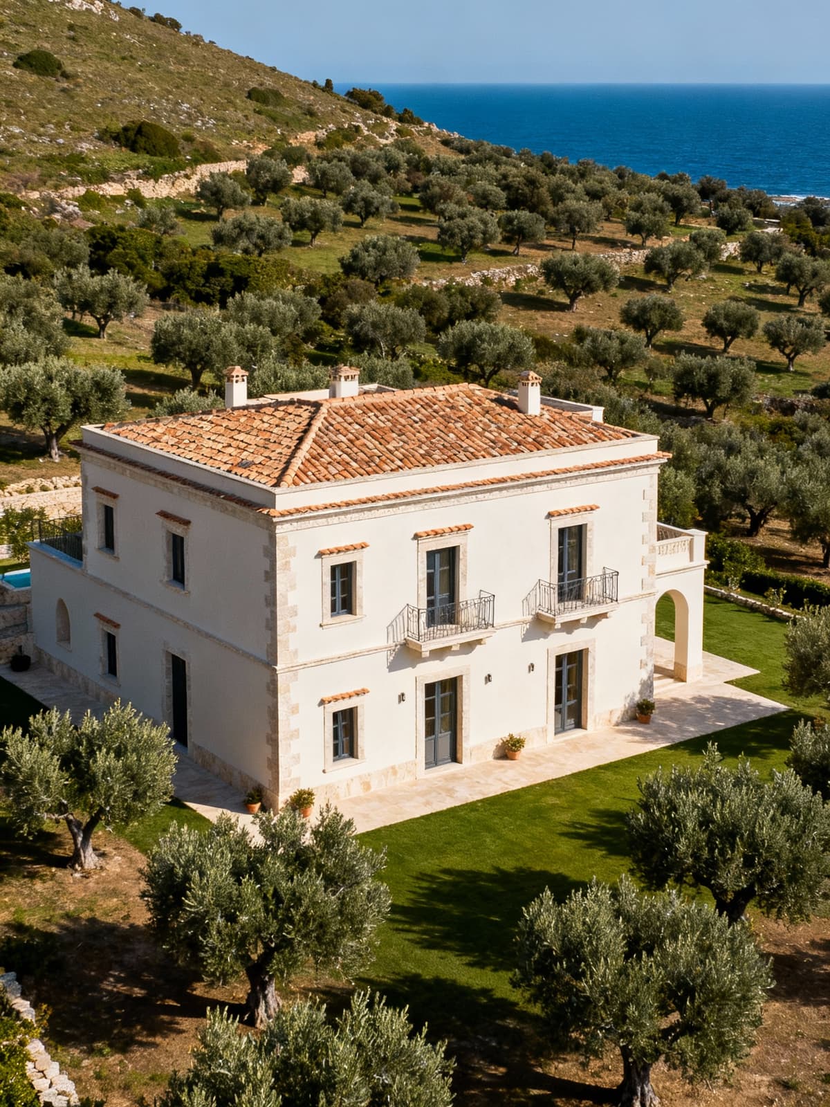 Luxurious villa amidst timeless Sicilian charm, surrounded by olive groves and sea, showcasing exquisite natural beauty.