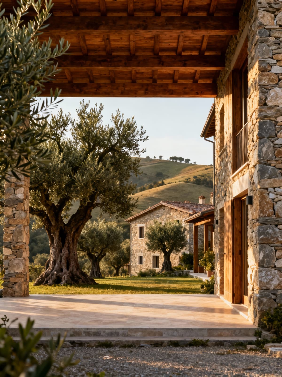 Eleganti residenze rurali in Liguria, immerse tra oliveti e colline, con dettagli architettonici illuminati dalla luce mattutina.