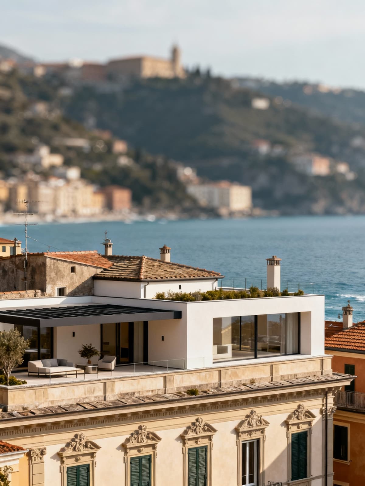 Eleganti residenze urbane liguri con attici e ville moderne, un perfetto connubio tra tradizione e innovazione.