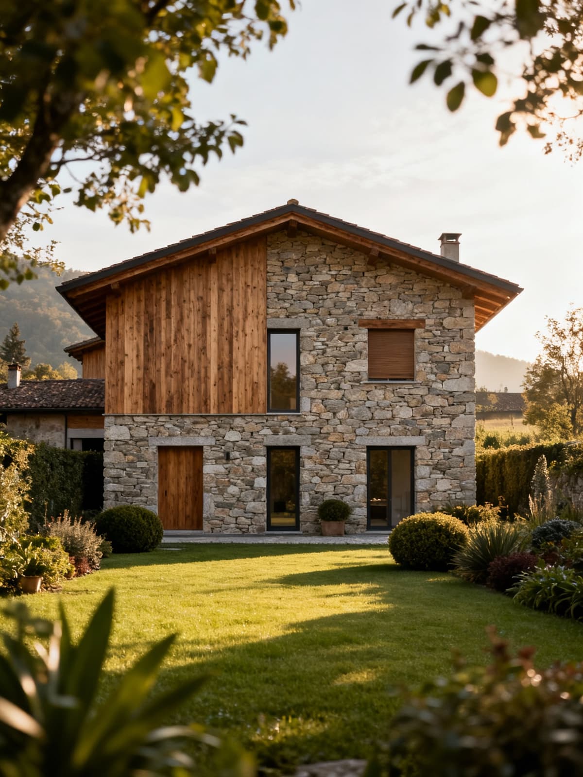 Luxurious property in the Lombard countryside, blending traditional and modern architecture with a serene garden in morning light.