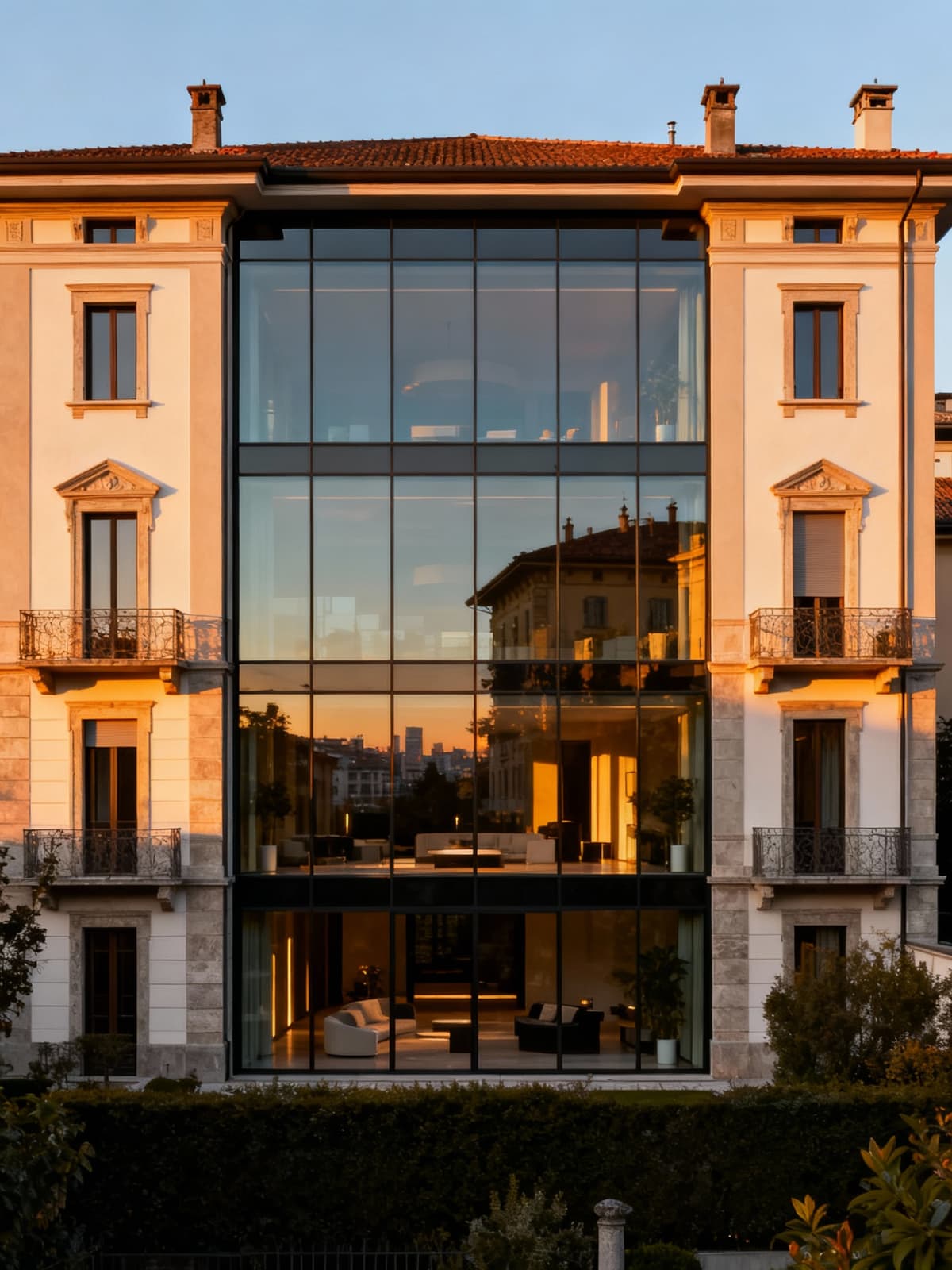 Luxurious villas and historic homes in vibrant Lombard cities, showcasing modern glass and materials, beautifully illuminated at sunset.