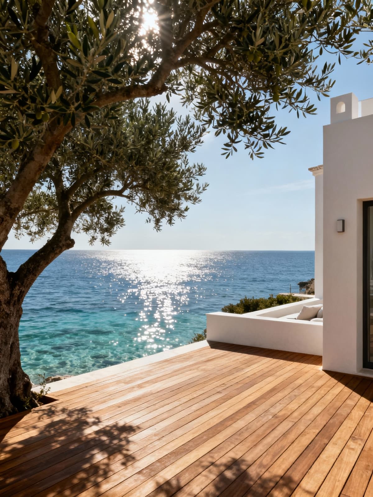 Exclusive villas overlooking the crystal-clear sea of Puglia, featuring wooden terraces and light-colored stucco, in a serene atmosphere.