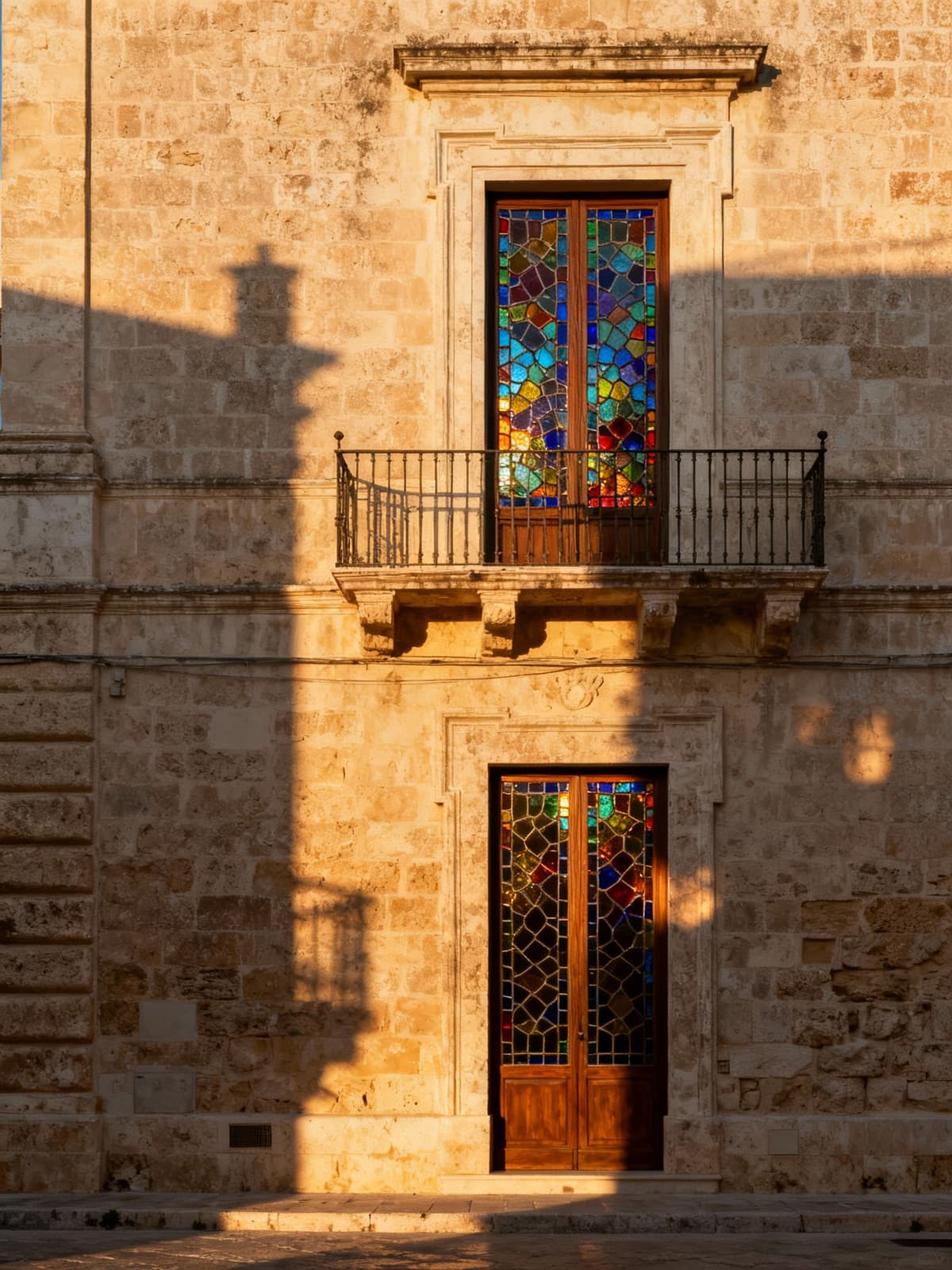 Luxurious apartment in a historic Puglia palace features stunning architectural details and colorful windows reflecting afternoon light.