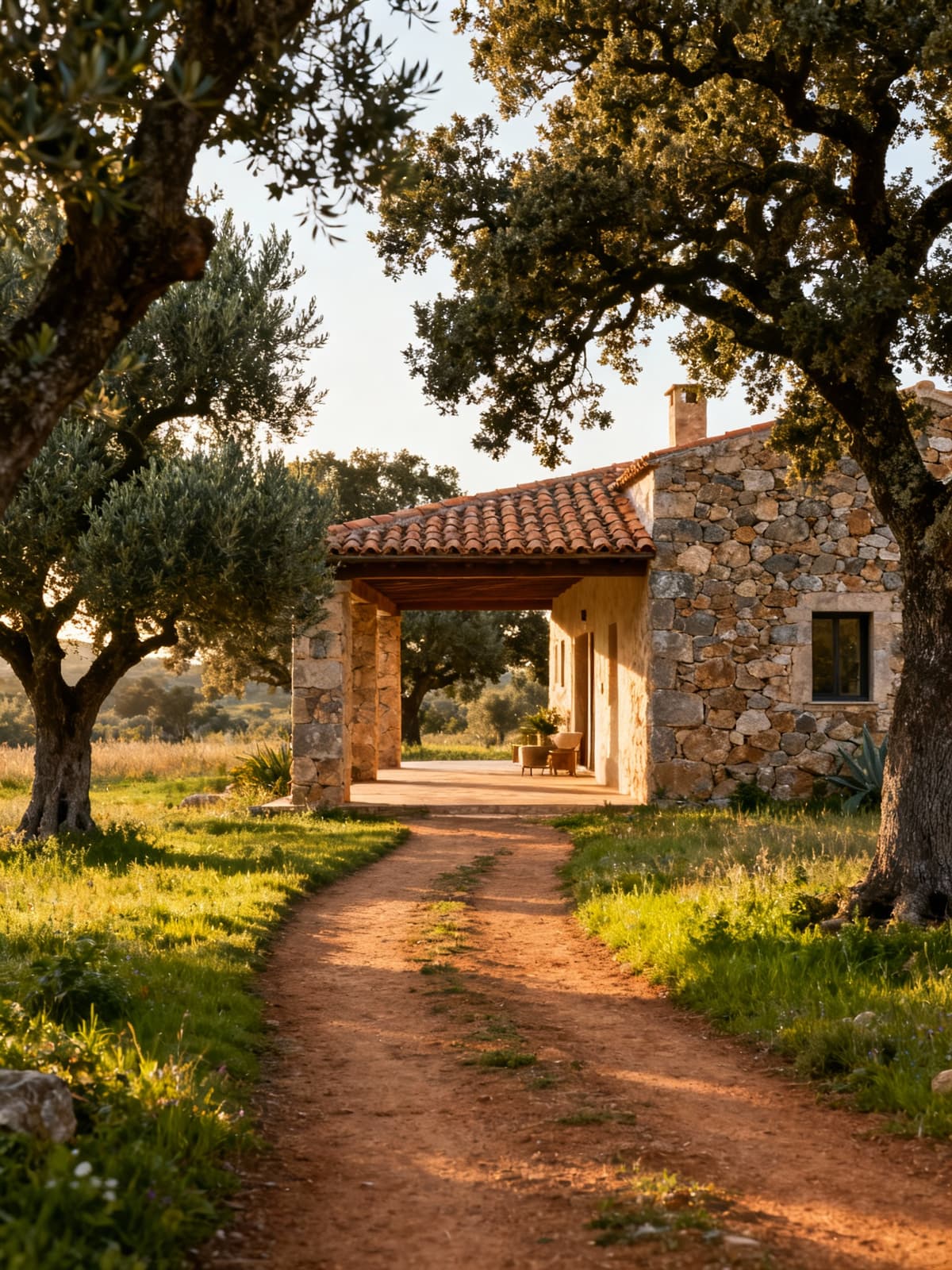 Casale rustico nella campagna sarda, circondato da ulivi e querce, illuminato dalla luce del mattino con un sentiero di terra.