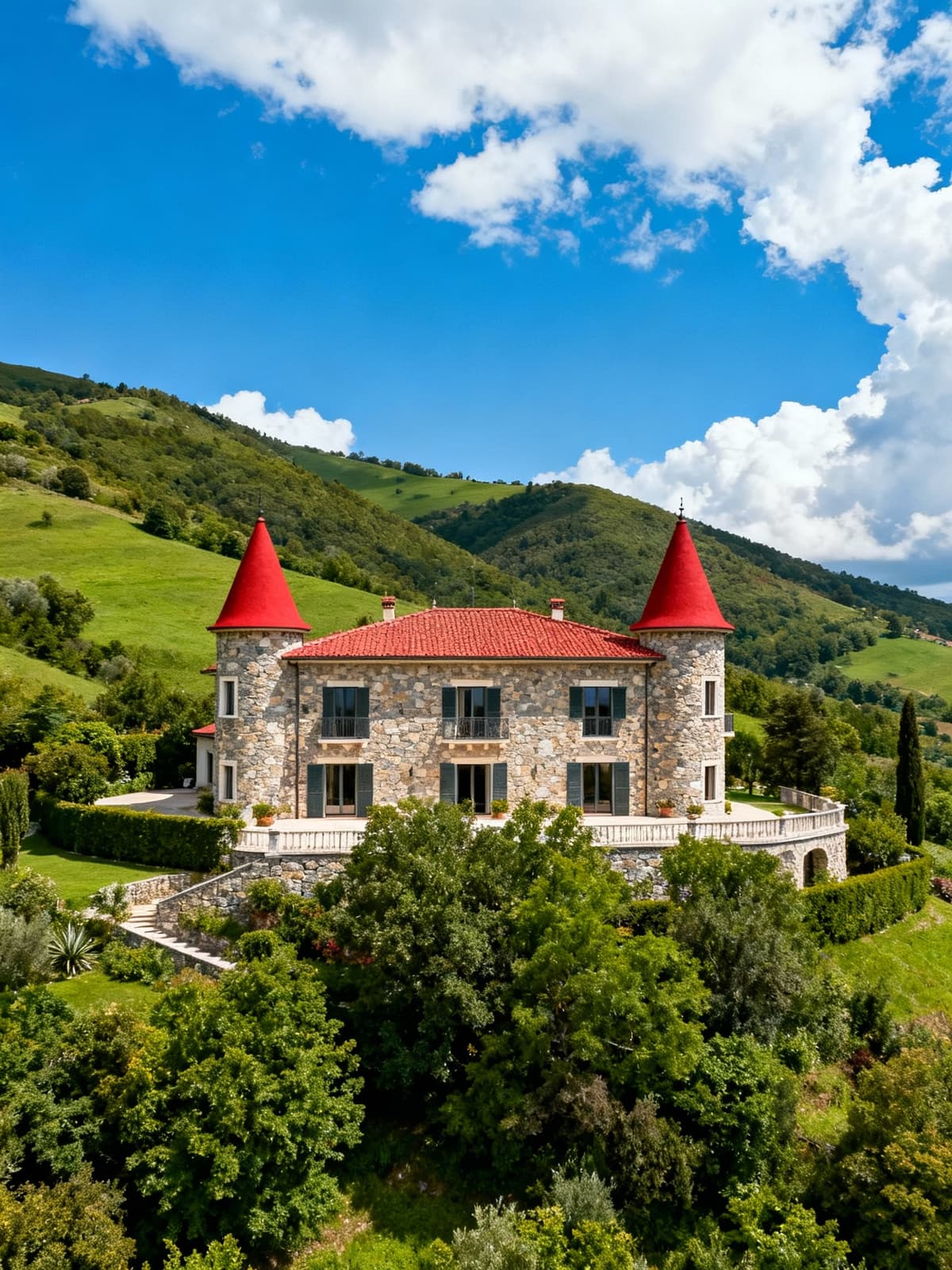 Villa di lusso circondata dalle colline di Massa-Carrara, con facciate in pietra e tetto rosso, immersa nella natura serena.