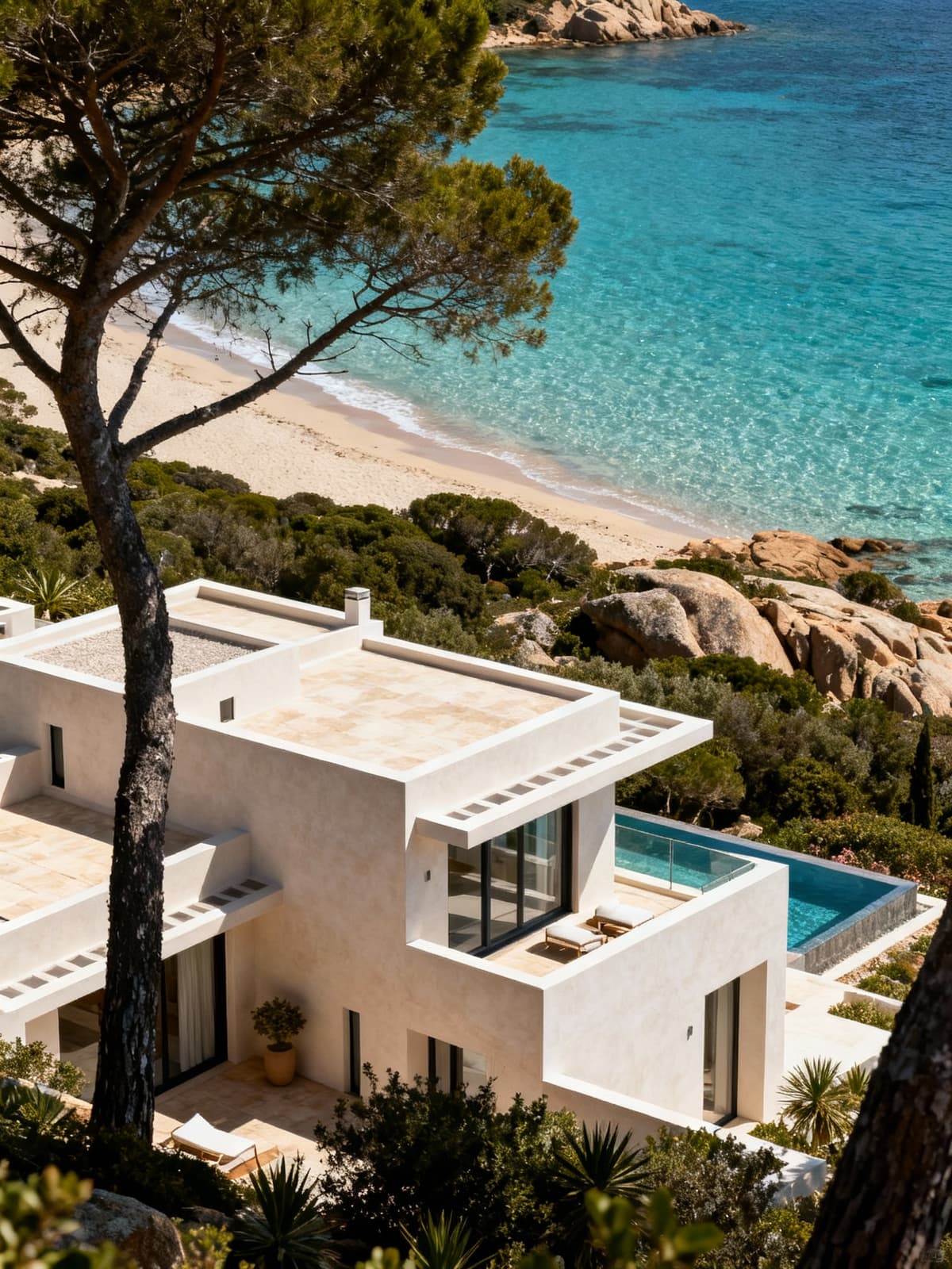 Ville barocche eleganti a Ragusa, vista dal basso, con spiagge cristalline sullo sfondo che esaltano il design esclusivo.