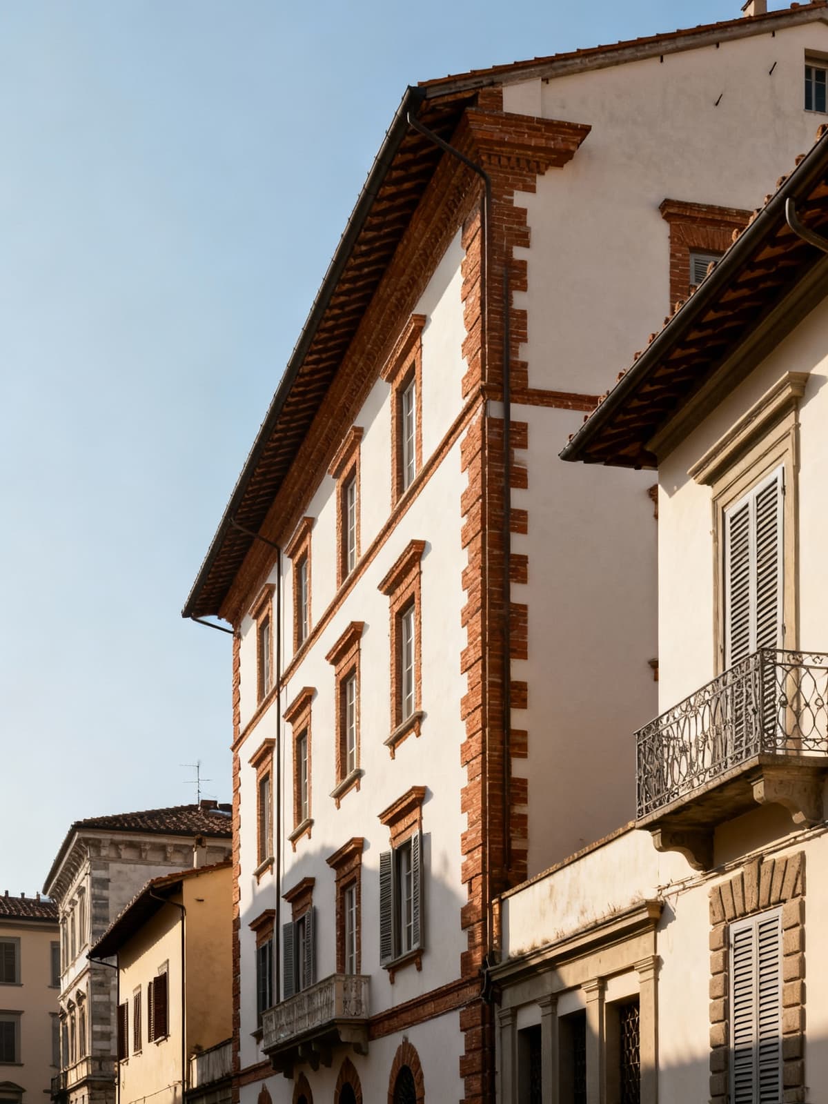 Dimore storiche e residenze di lusso a Pisa, illuminate da una dolce luce invernale, tra cielo terso e dettagli architettonici.