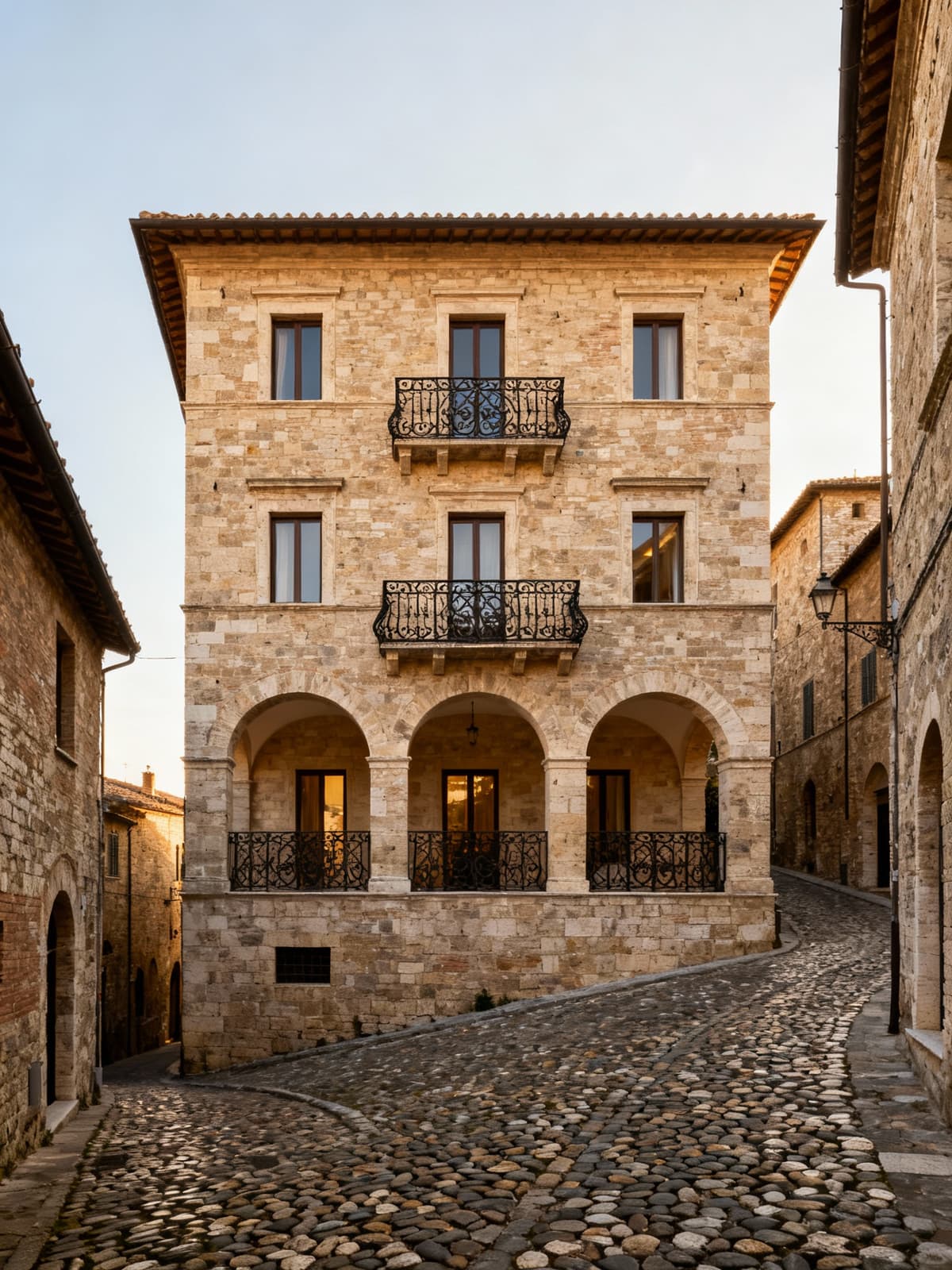 Elegante residenza in pietra locale nel centro medievale di Perugia, con dettagli architettonici raffinati e cielo sereno.