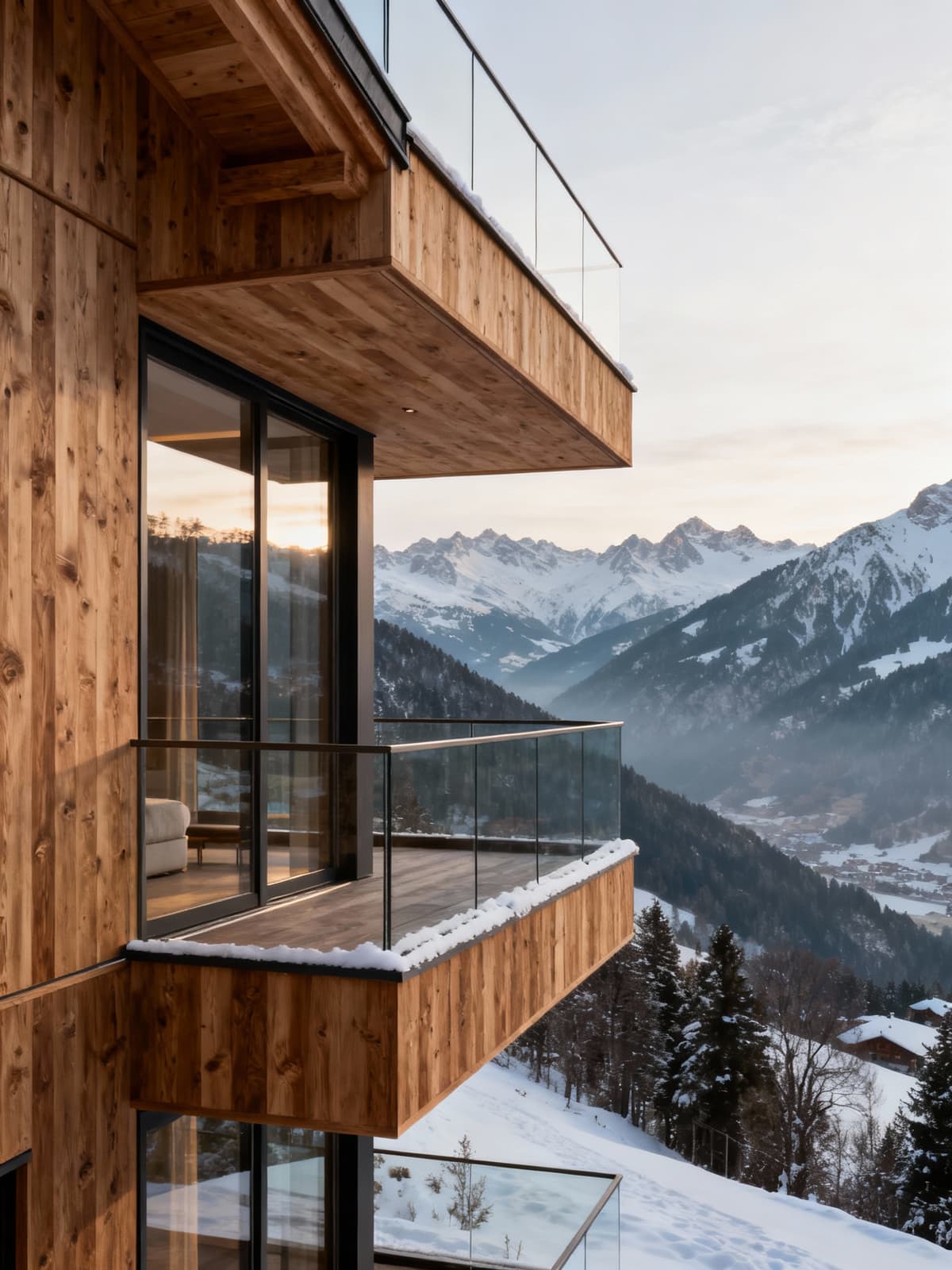 Appartamenti di lusso nei panorami alpini, con finiture in legno e vetro, immersi in una luce invernale serena.