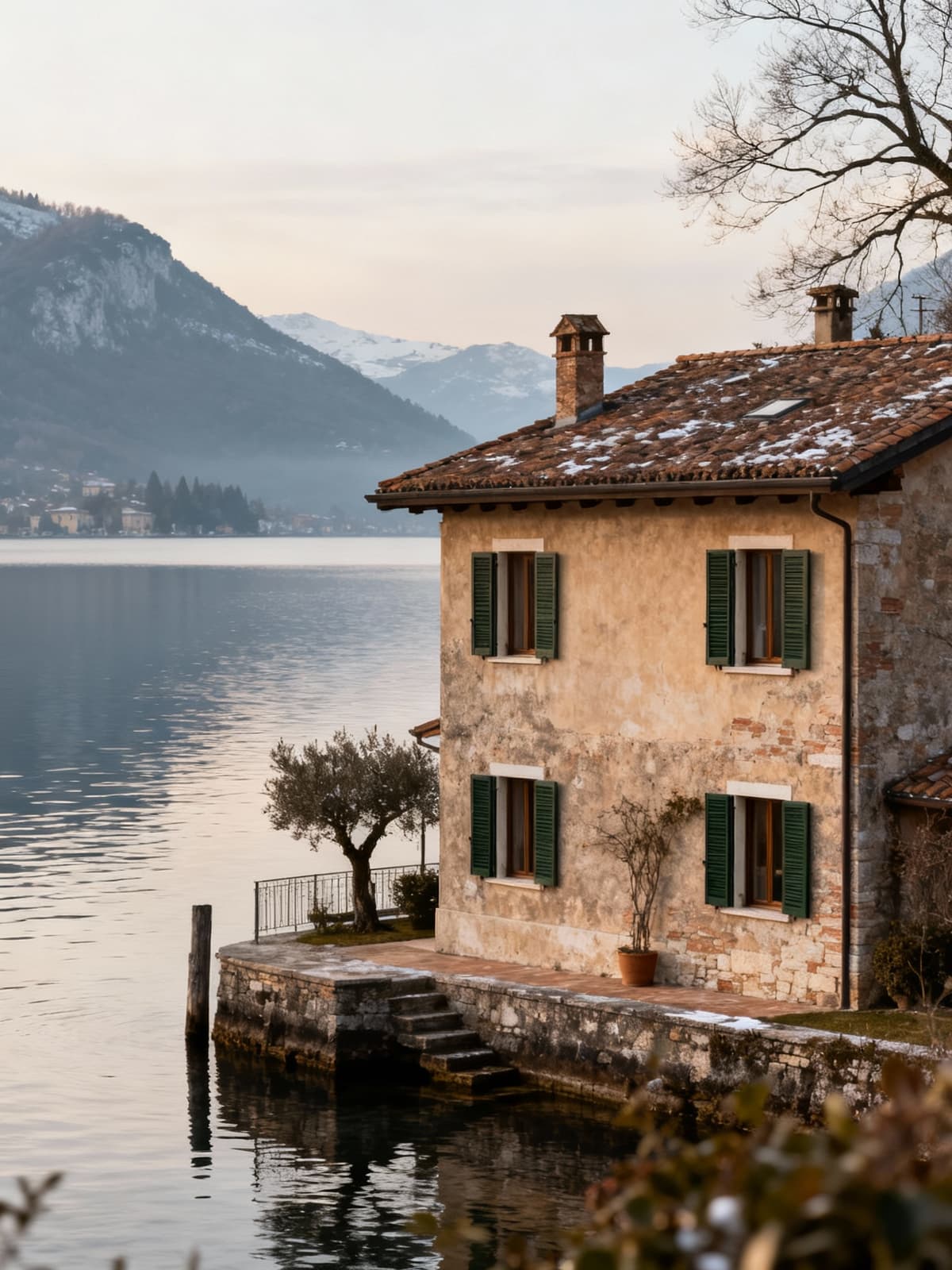 Rustici e casali eleganti immersi nella calma dei laghi del nord Italia, in una luce invernale serena.