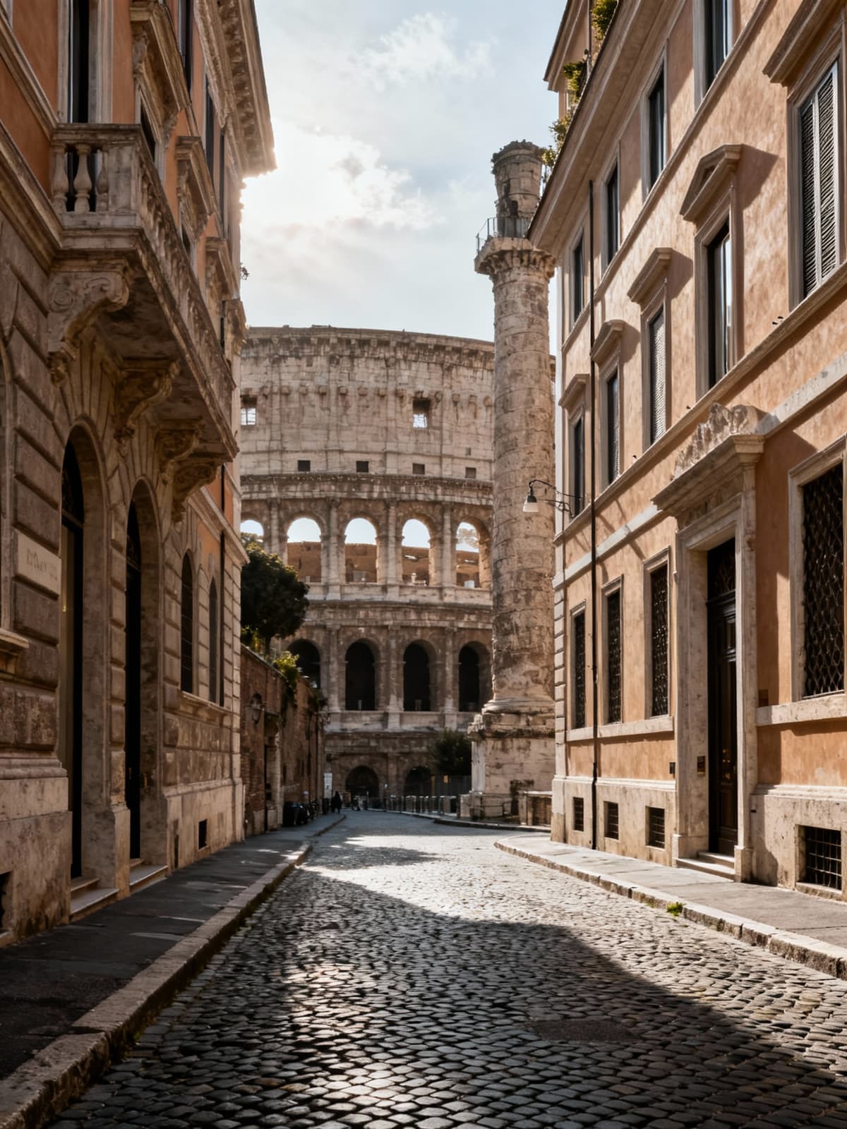 Appartamento di lusso nel centro storico di Roma, con vista su strade acciottolate e monumenti, luce che mette in risalto dettagli architettonici.