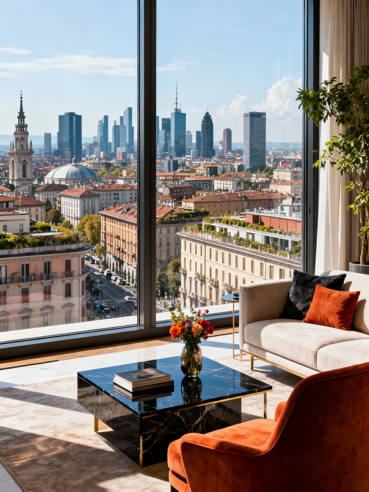 Luxury apartment in central Milan with stunning city skyline views, featuring modern materials and a vibrant atmosphere.