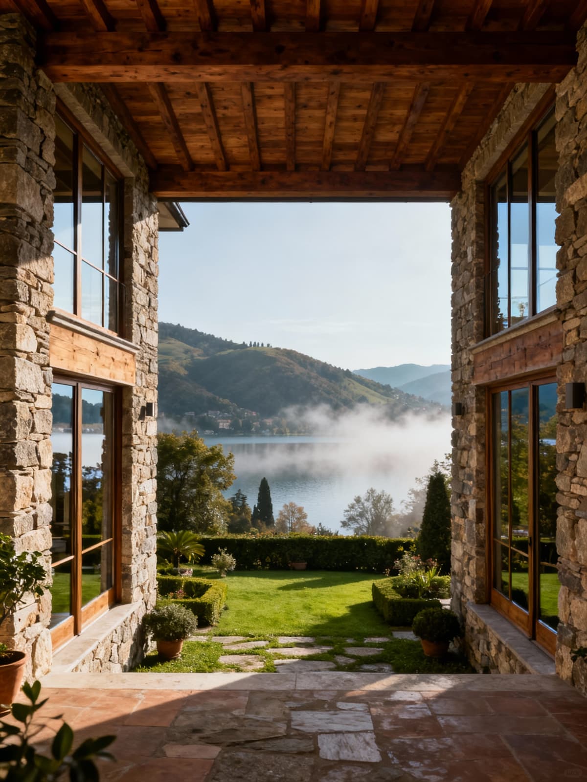 Prestigious villa surrounded by Varese's hills and lakes, featuring a stone facade, large glass windows, and a serene garden.