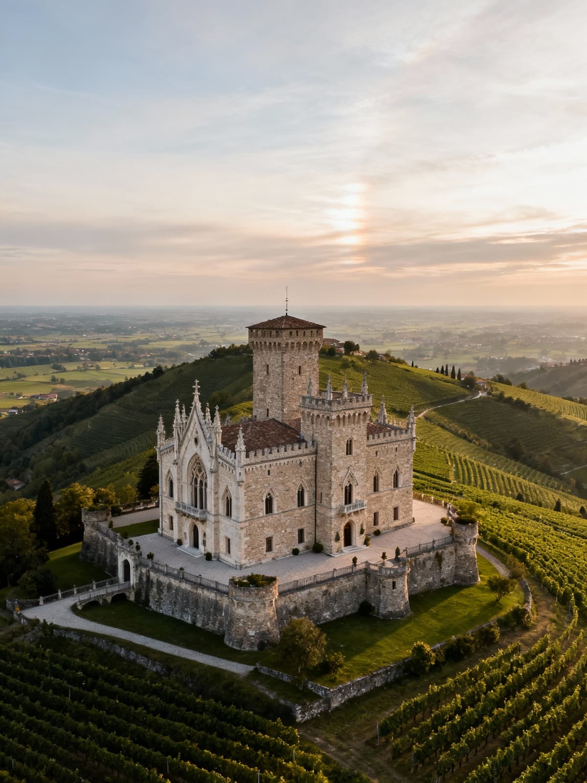 Prestigious castle nestled among the hills of Piedmont in Alessandria, showcasing gothic architecture and lush vineyards.