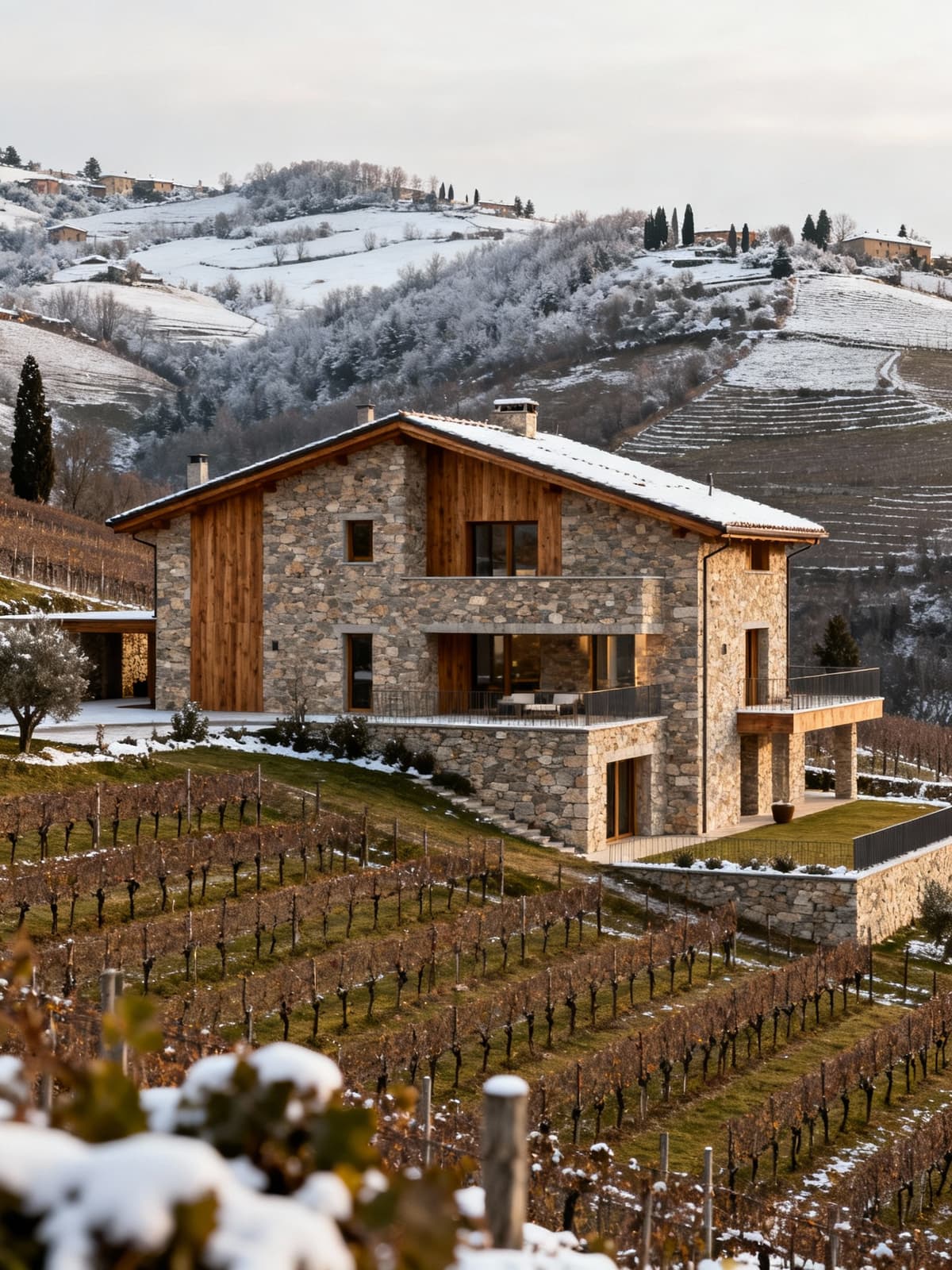 Luxury villa amidst the Cuneo hills, featuring natural stone and wood, surrounded by well-kept vineyards in soft winter light.