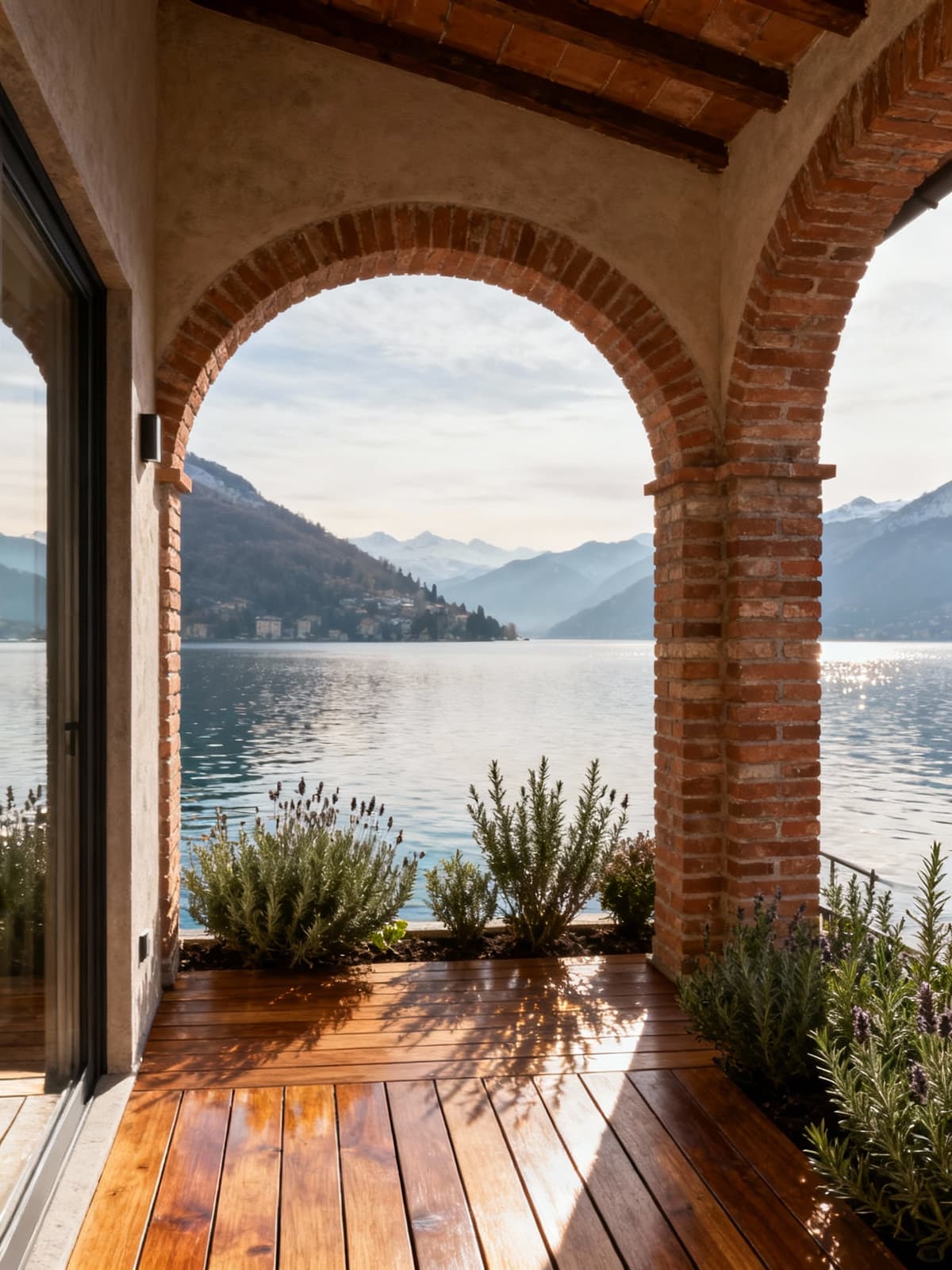 Charming rustic home near Lake Maggiore, featuring a wooden terrace, aromatic plants, and serene winter light.