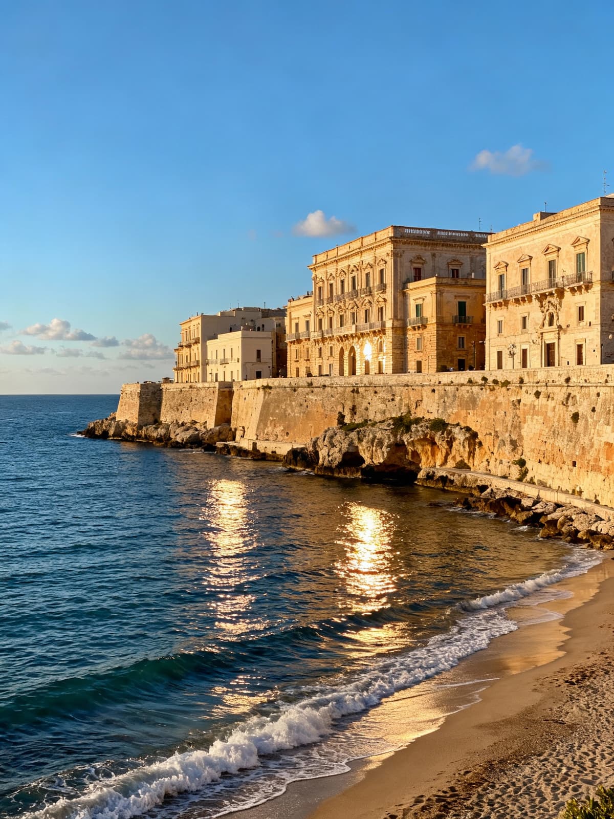 Historic buildings overlooking the sea in Syracuse, Sicily, captured with natural light, showcasing vibrant coastal scenery.