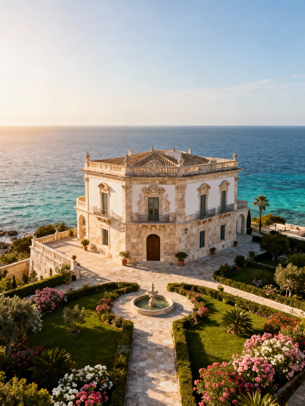 Charming villa surrounded by Baroque beauty and the clear sea of Syracuse, showcasing elegant architecture and vibrant gardens.