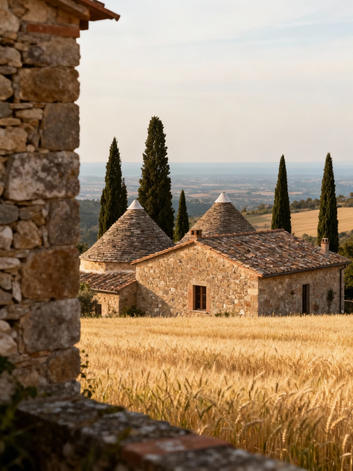 Rustici e casali tradizionali nella Maremma toscana, tra cipressi e campi di grano, in un paesaggio naturale incantevole.