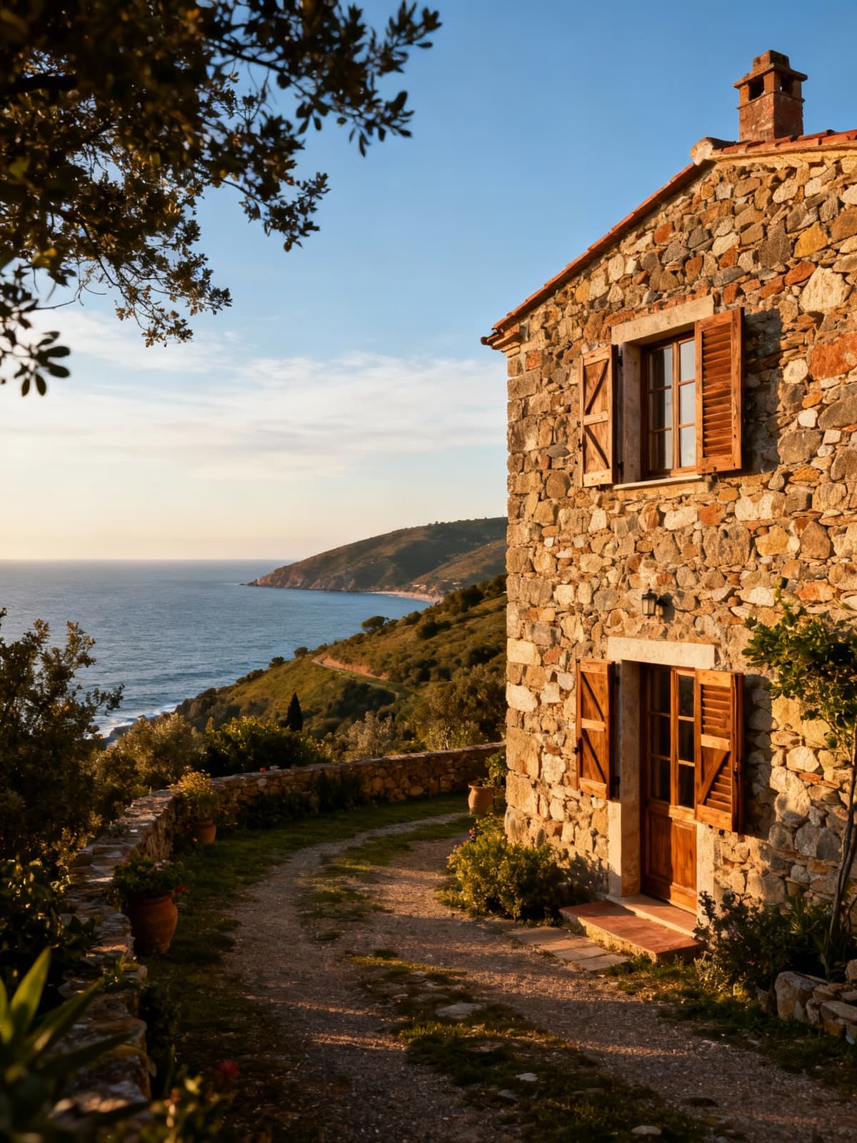 Rustici e casali tipici sulla costa livornese, circondati da colline toscane e mare, sotto un cielo sereno al mattino.