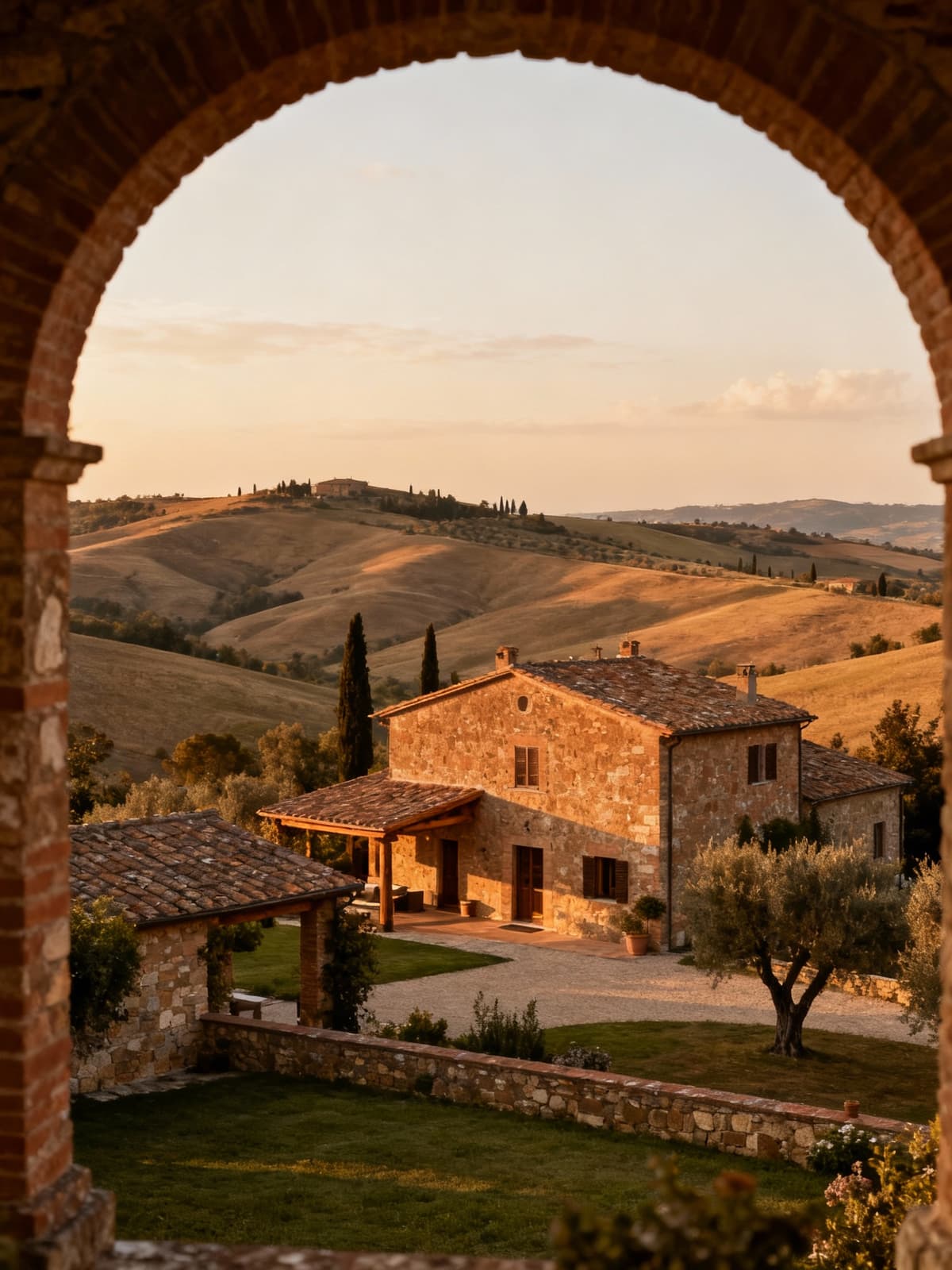 Rustici e casali di lusso tra le colline senesi, avvolti dalla luce dorata del tardo pomeriggio e dai paesaggi toscani.