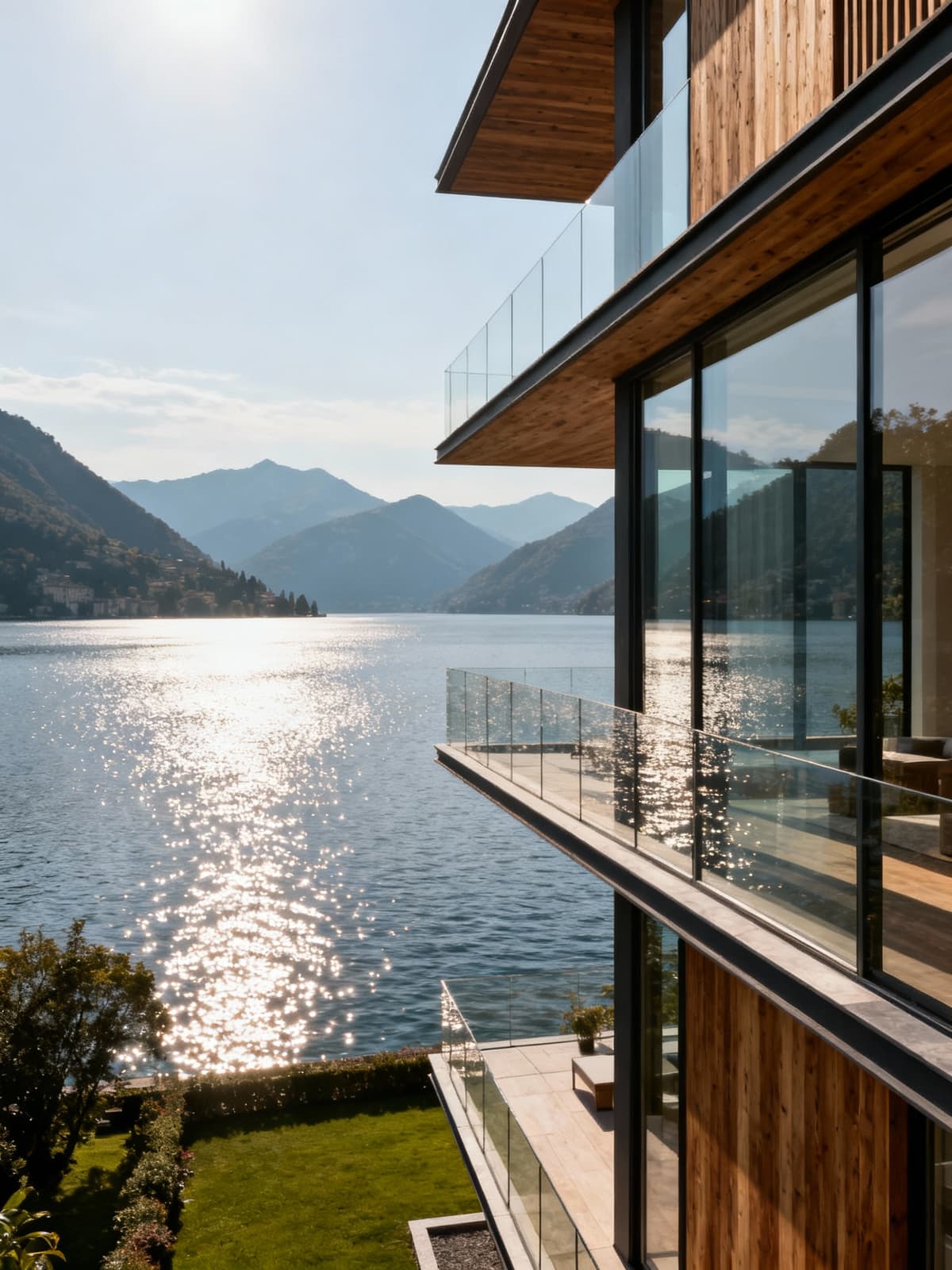 Exclusive apartments overlooking shimmering lakes in Lombardy, featuring stunning glass and wood architecture in a serene natural setting.