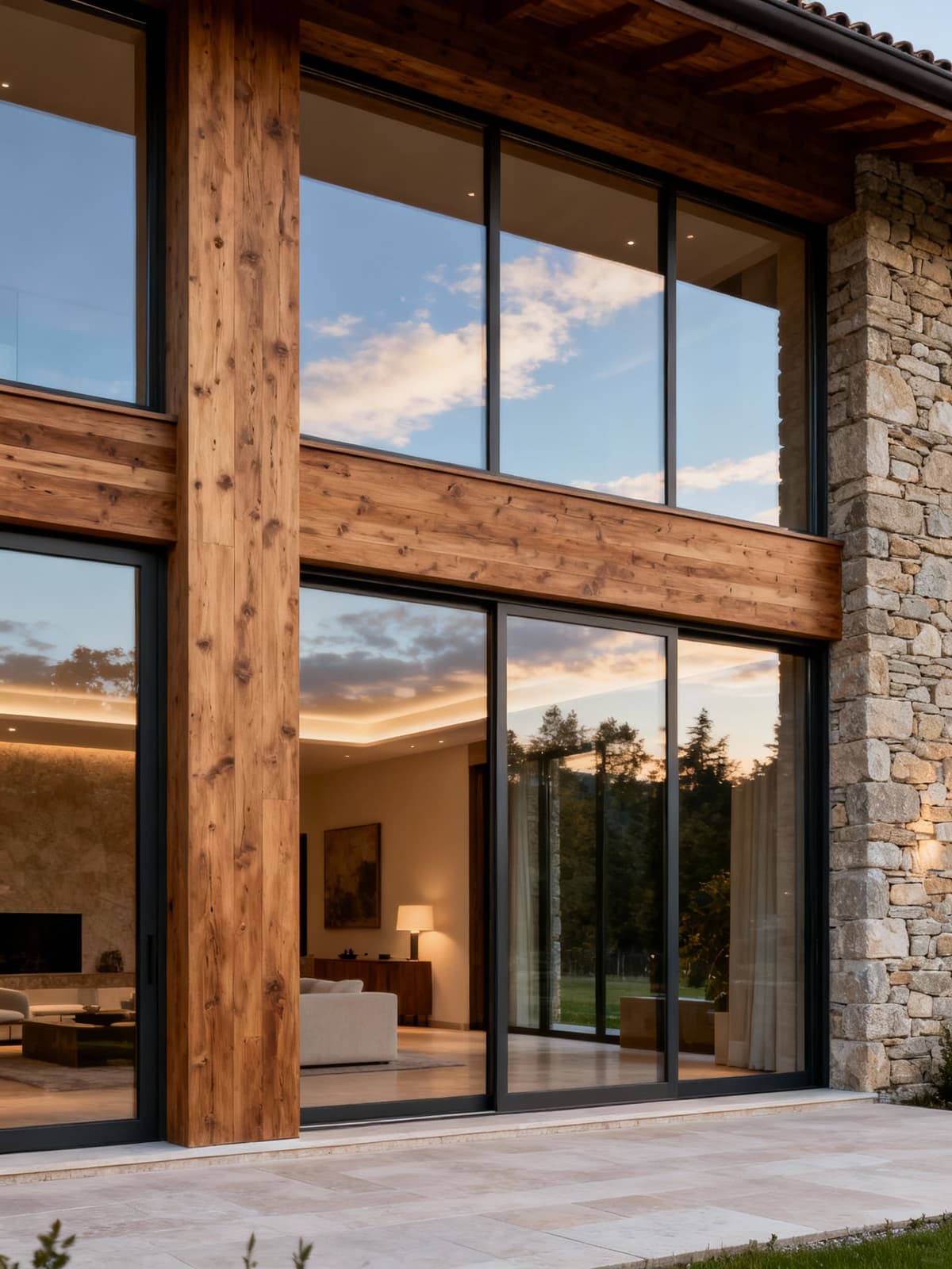 Prestigious villa in the heart of Piedmont, showcasing expansive glass windows and timeless elegance with natural wood and local stone.