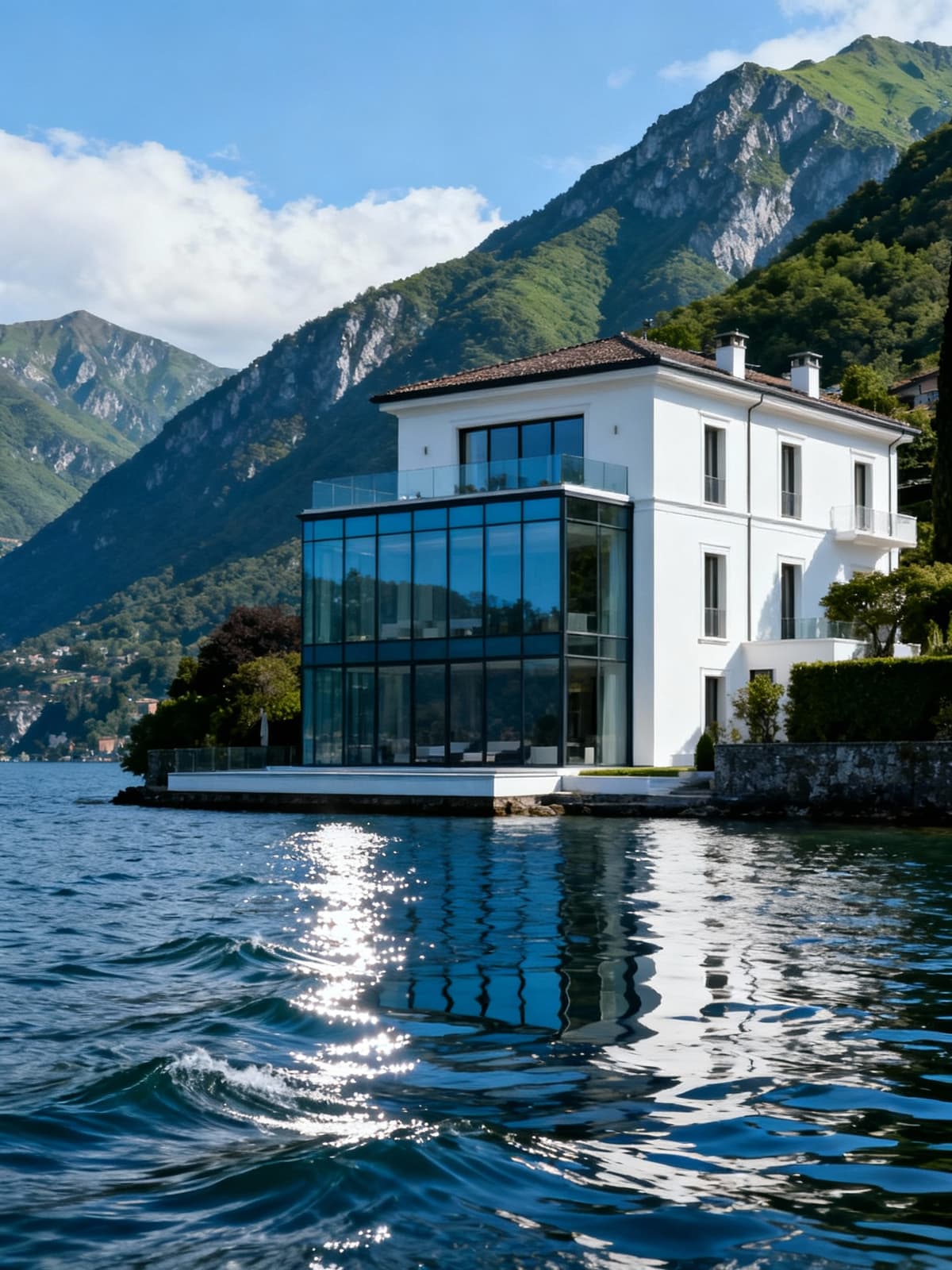 Luxury villas and upscale apartments in Lombardy, framed by sparkling lakes and stunning mountains, showcasing elegance in nature.