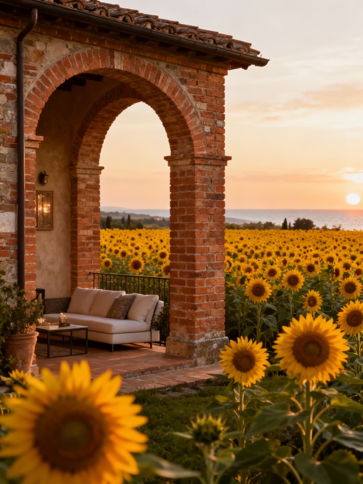 Elegant apartments nestled among the lakes of Piedmont, featuring a rustic Tuscan building amidst sunflowers, bathed in soft evening light.