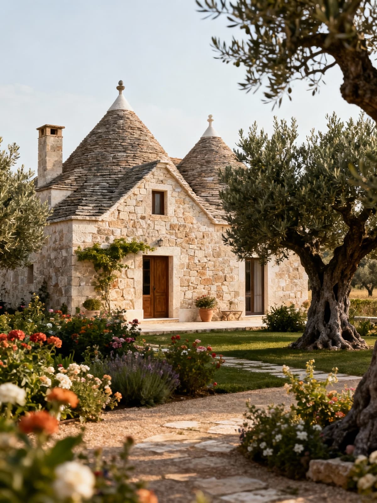 Case indipendenti tra ulivi secolari in Puglia, con giardino fiorito e dettagli rustici in pietra.