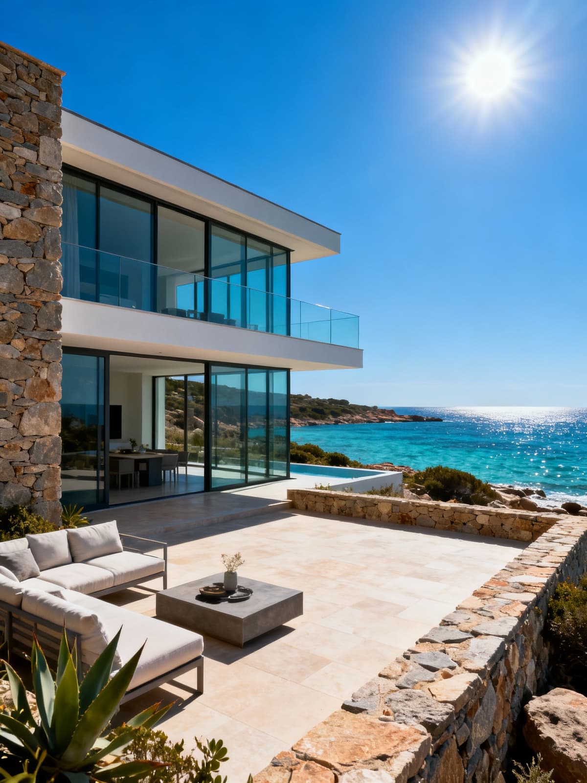 Exclusive seafront villa made of glass and stone on Sardinia's untouched coast, featuring elegant architecture and a furnished patio.