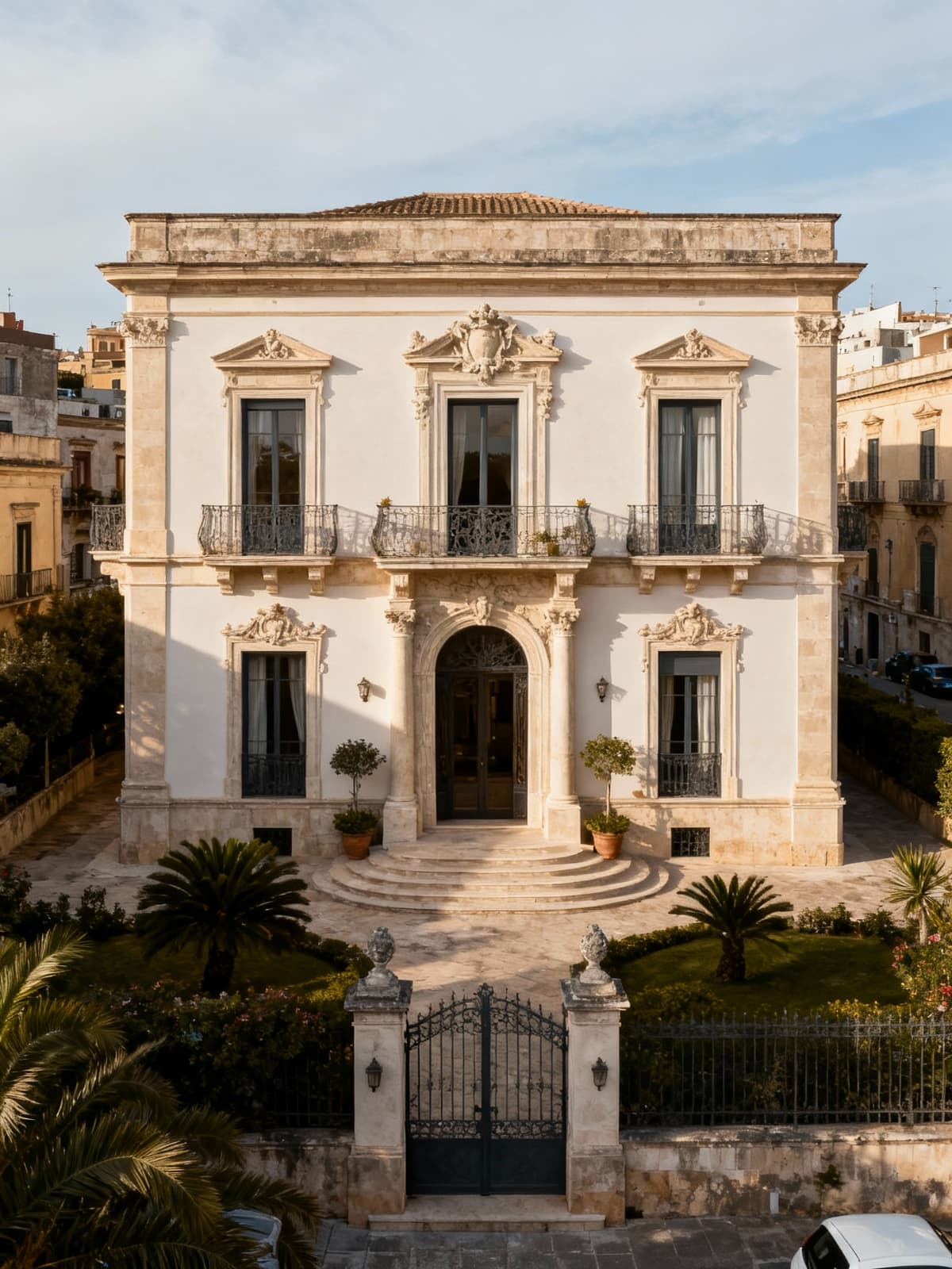 Luxurious villa in a historic Sicilian city, showcasing elegant facades and decorative details in a refined, exclusive setting.