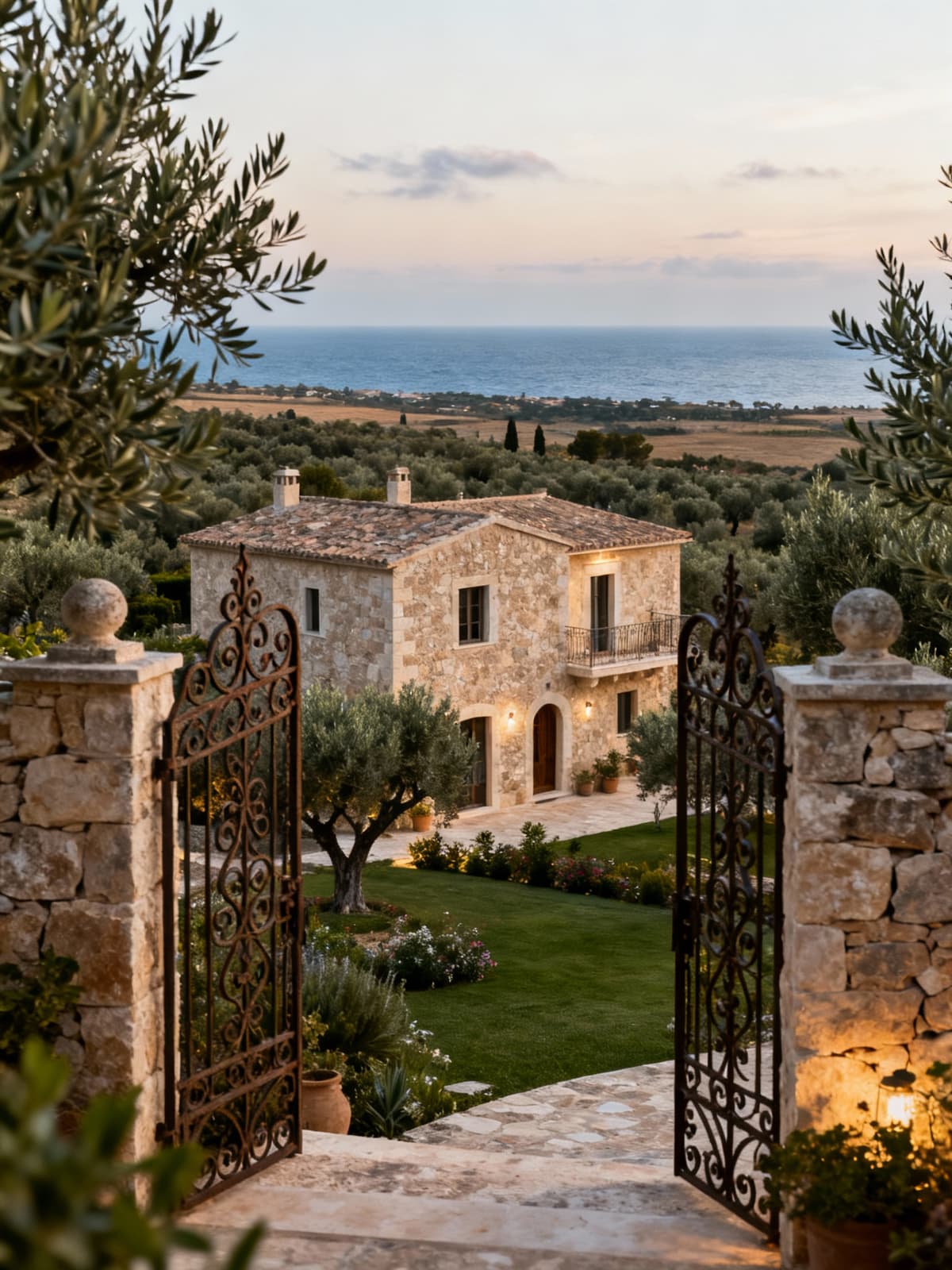 Charming villa amidst Sicilian countryside, surrounded by olive groves and Mediterranean views, with lush garden and stone architecture.
