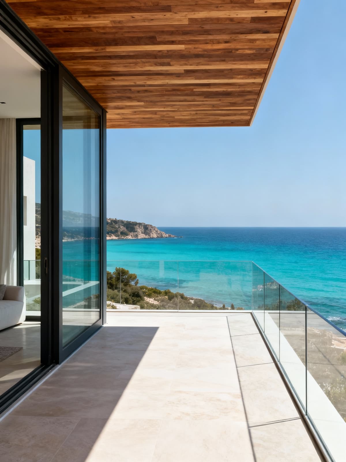 Exclusive seaside apartments in Sicily, featuring elegant glass and wood architecture, turquoise waters, and spacious terraces.