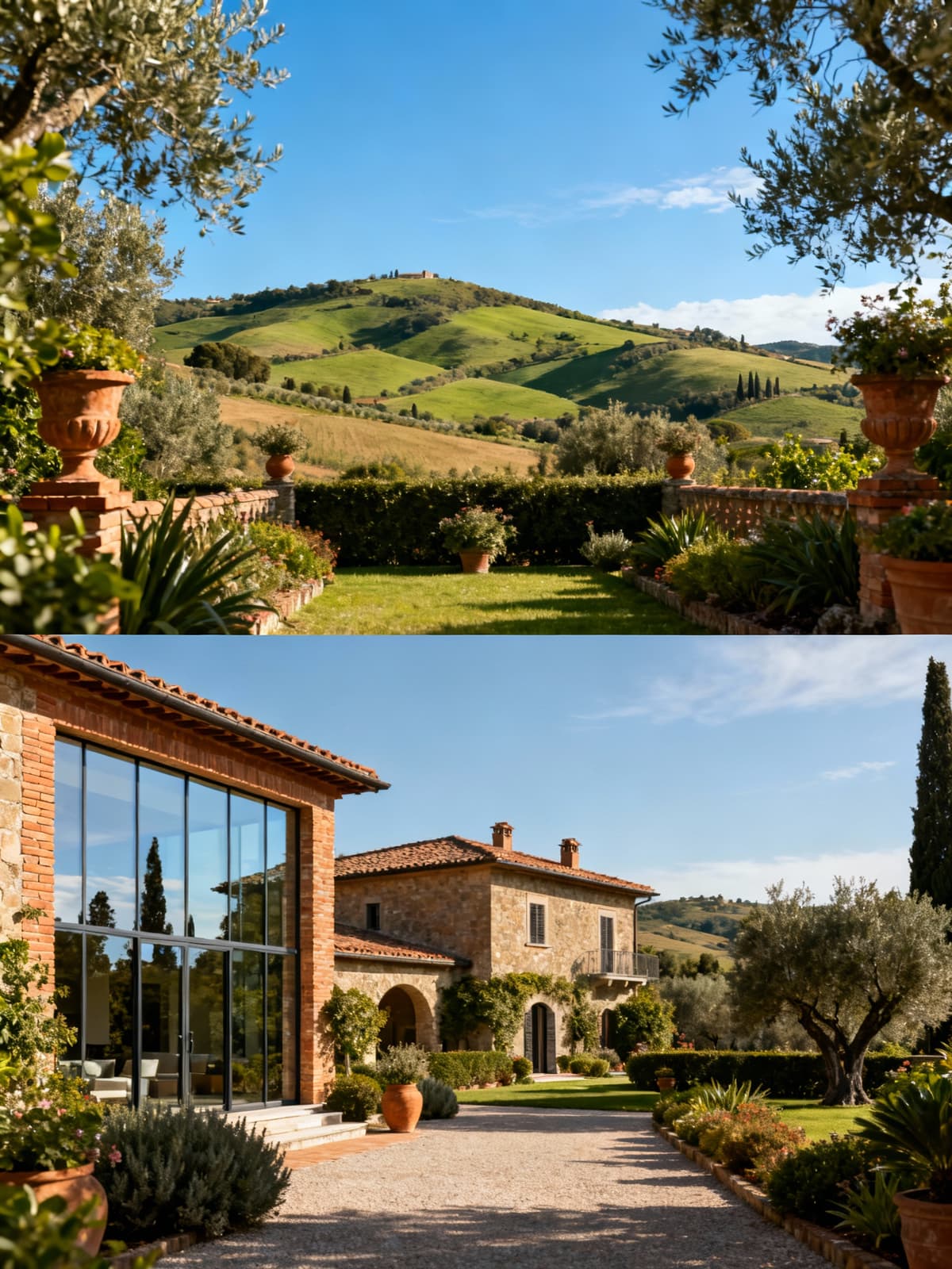Prestigious country villas in the Viterbo countryside, showcasing elegant architecture and manicured gardens in a serene setting.