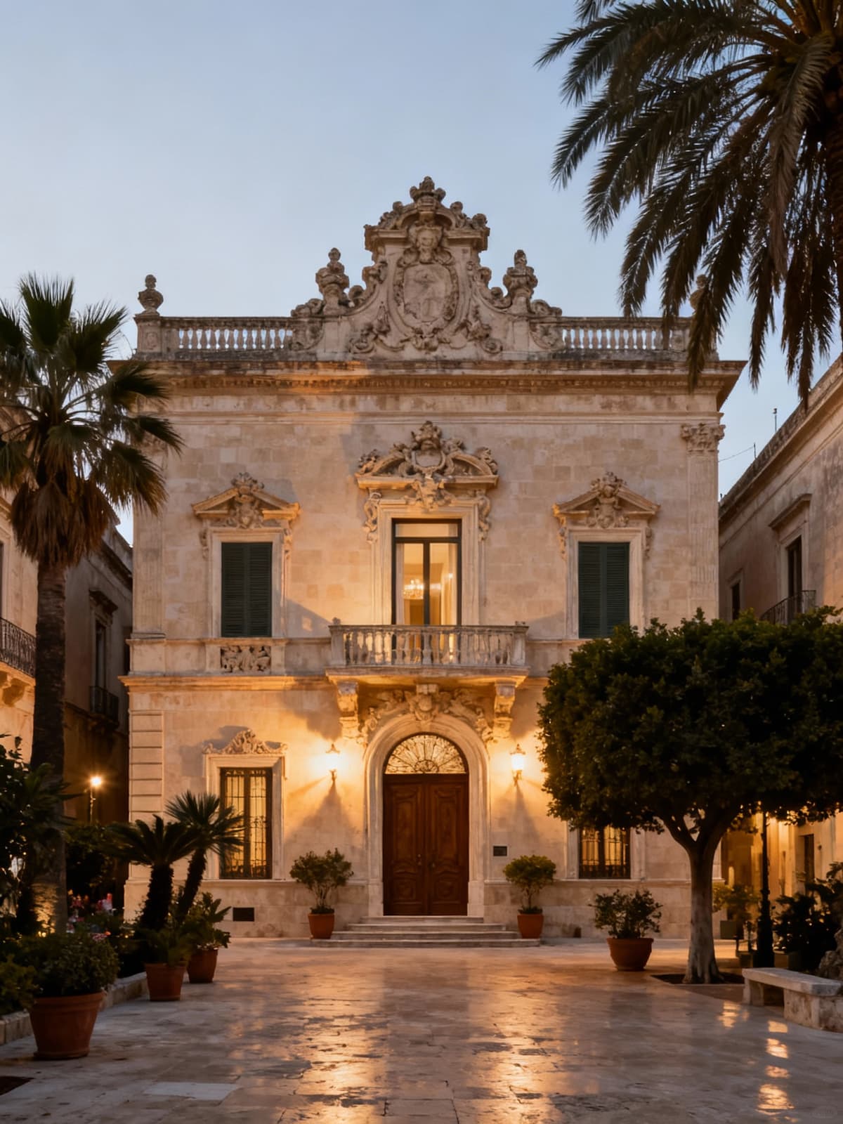 Elegant villas in Lecce showcase baroque art and lively urban life, illuminated by warm evening light, highlighting architectural details.