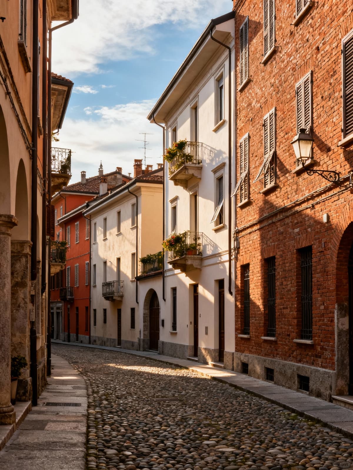 Prestigious townhouses in historic Cuneo, showcasing charming cobblestone streets and a blend of modern and traditional architecture.