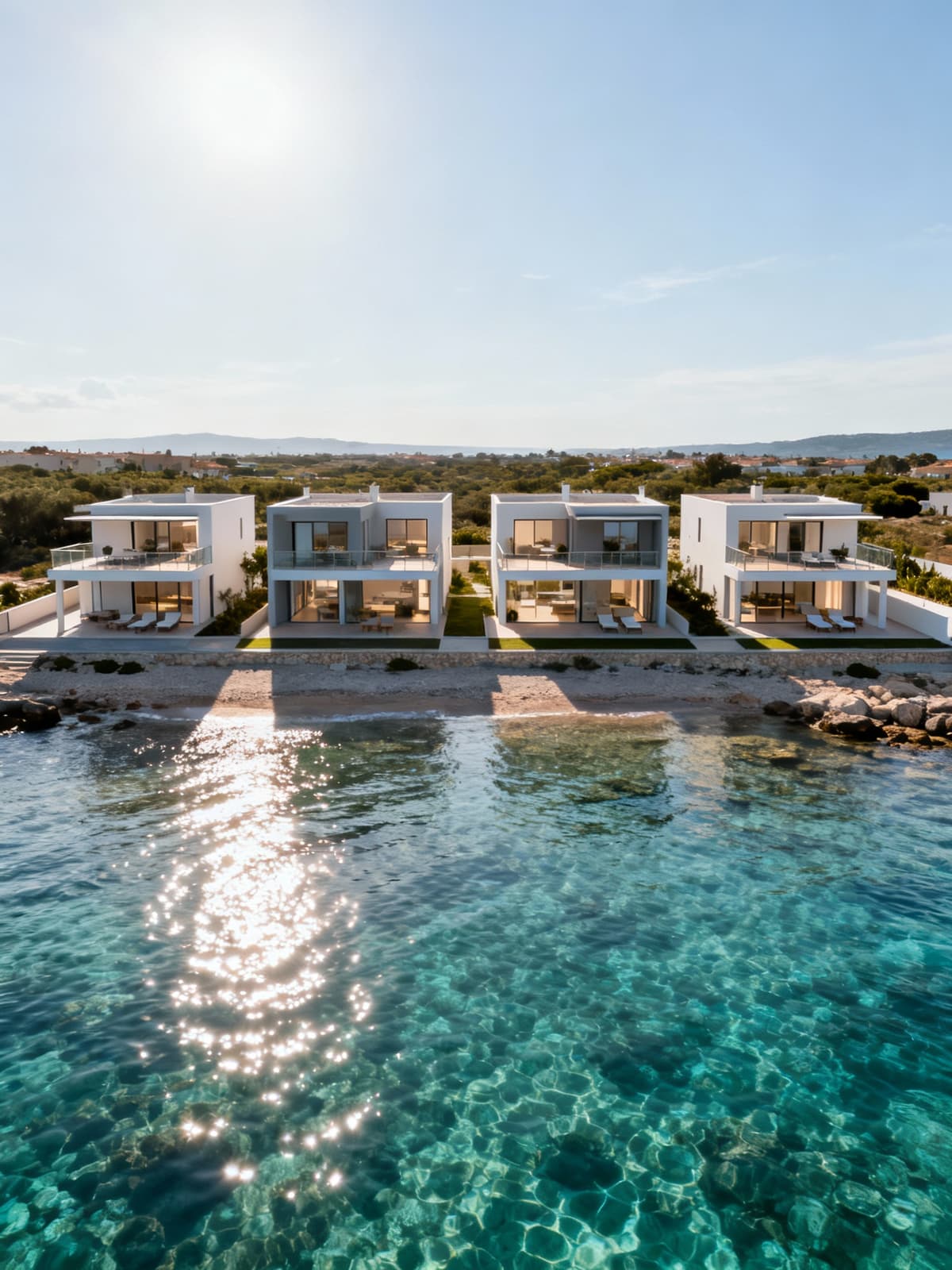 Exclusive seafront townhouses in Sassari, Sardinia, showcasing modern design and panoramic terraces with crystal-clear sea views.