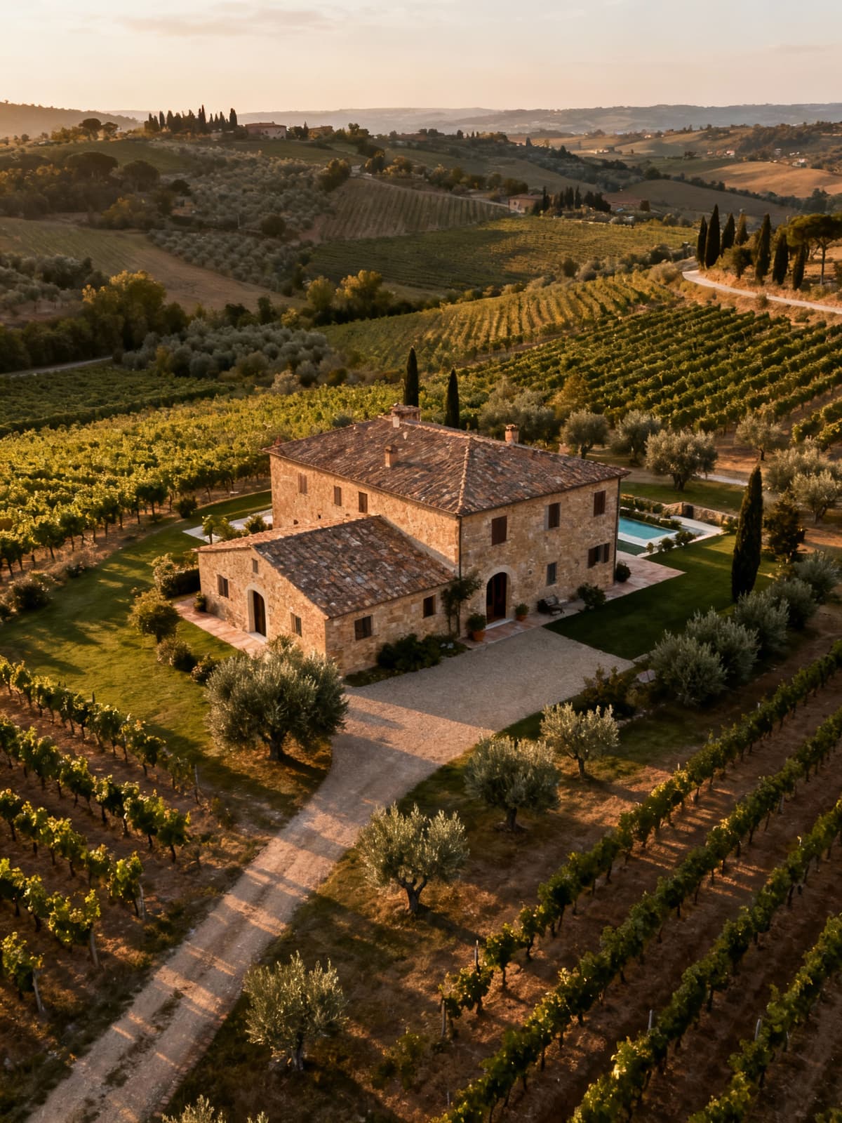 Rustic farmhouses in Chianti surrounded by vineyards and olive groves, illuminated by soft afternoon light.