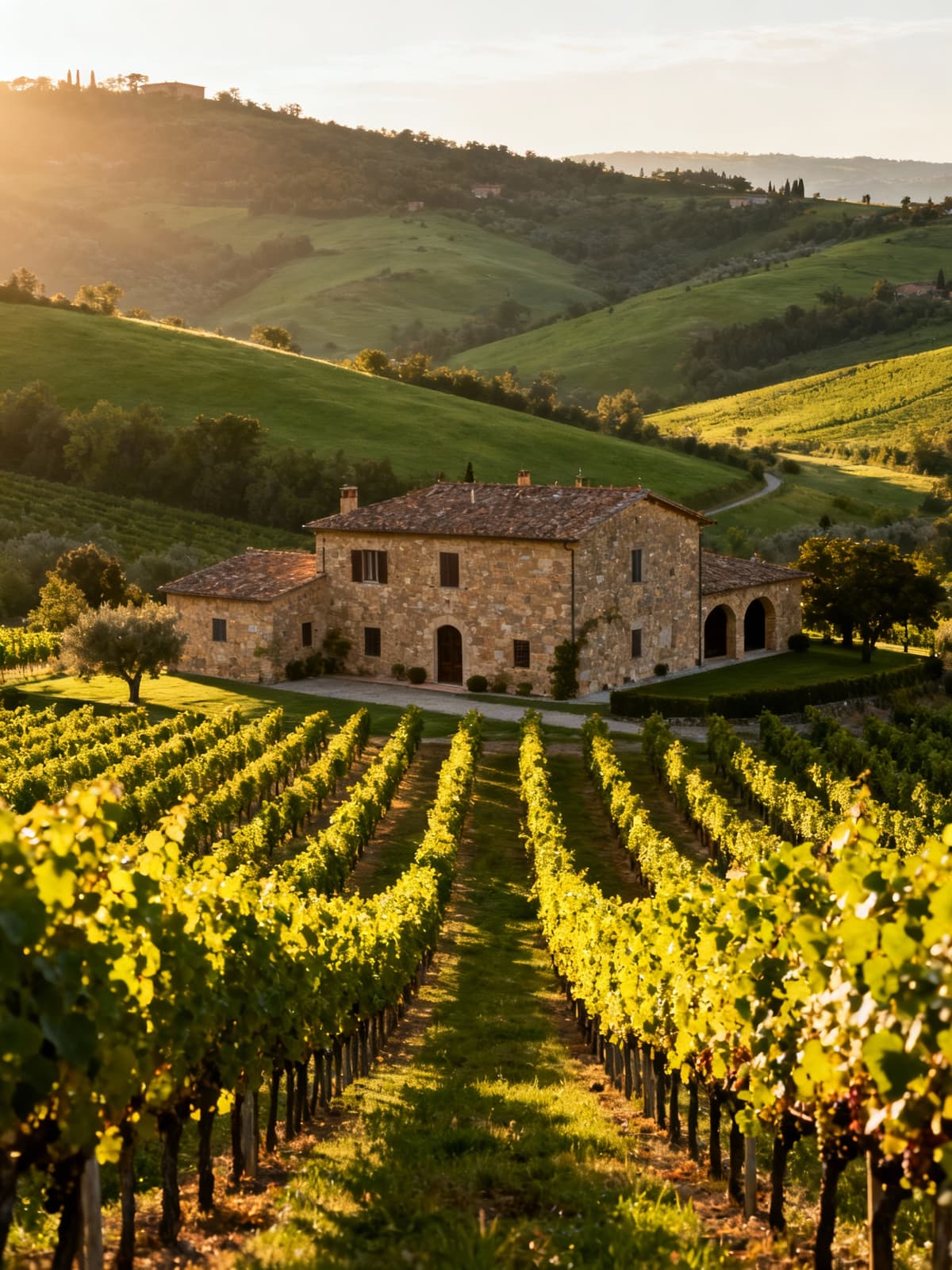 Prestigious Tuscan vineyard estate showcasing historic stone farmhouses, lush grapevines, and vibrant morning light.