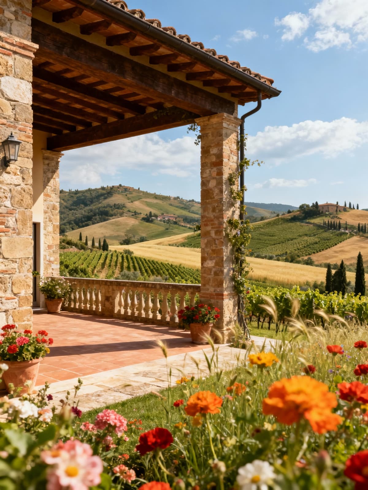 Luxury villas in the Chianti region, surrounded by verdant hills and vineyards, depict a serene Tuscan countryside retreat.